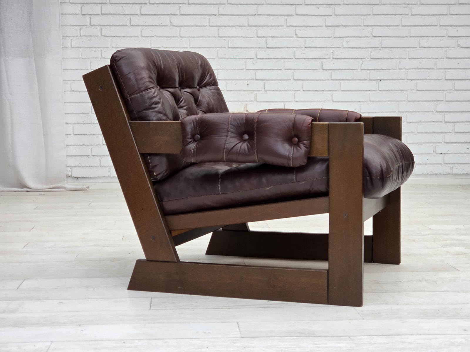 1970s, Scandinavian Armchair, Brown Furniture Leather, Dark Beech Wood. photo furniture