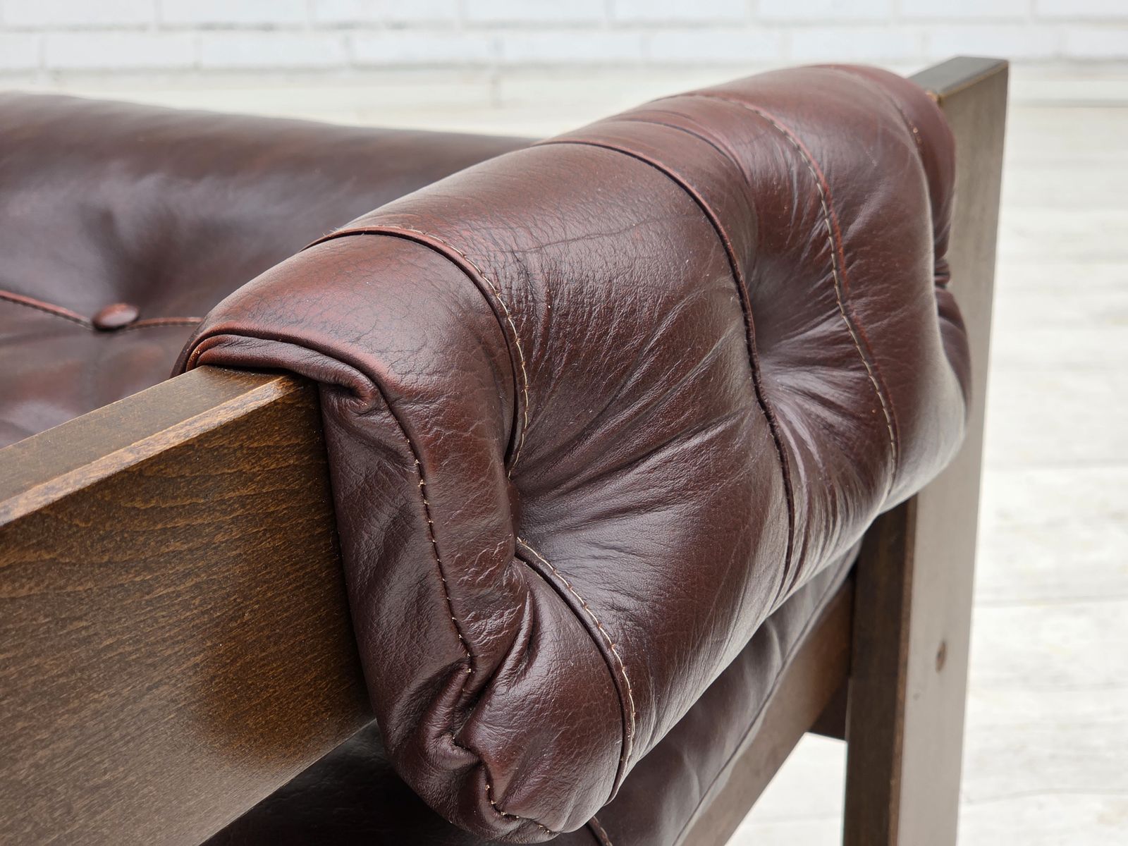 1970s, Scandinavian Armchair, Brown Furniture Leather, Dark Beech Wood. photo for sale