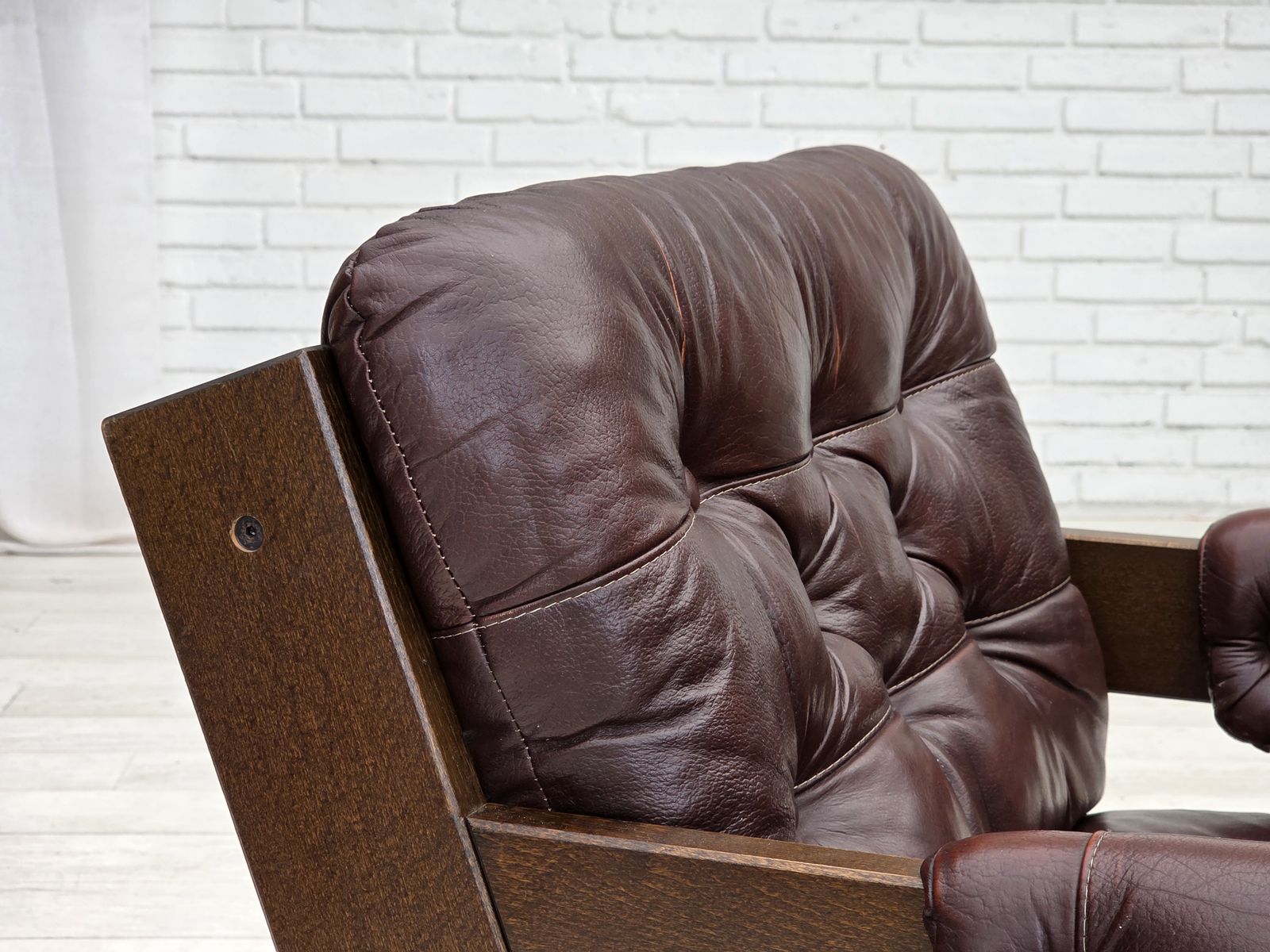 1970s, Scandinavian Armchair, Brown Furniture Leather, Dark Beech Wood. photo vinterior