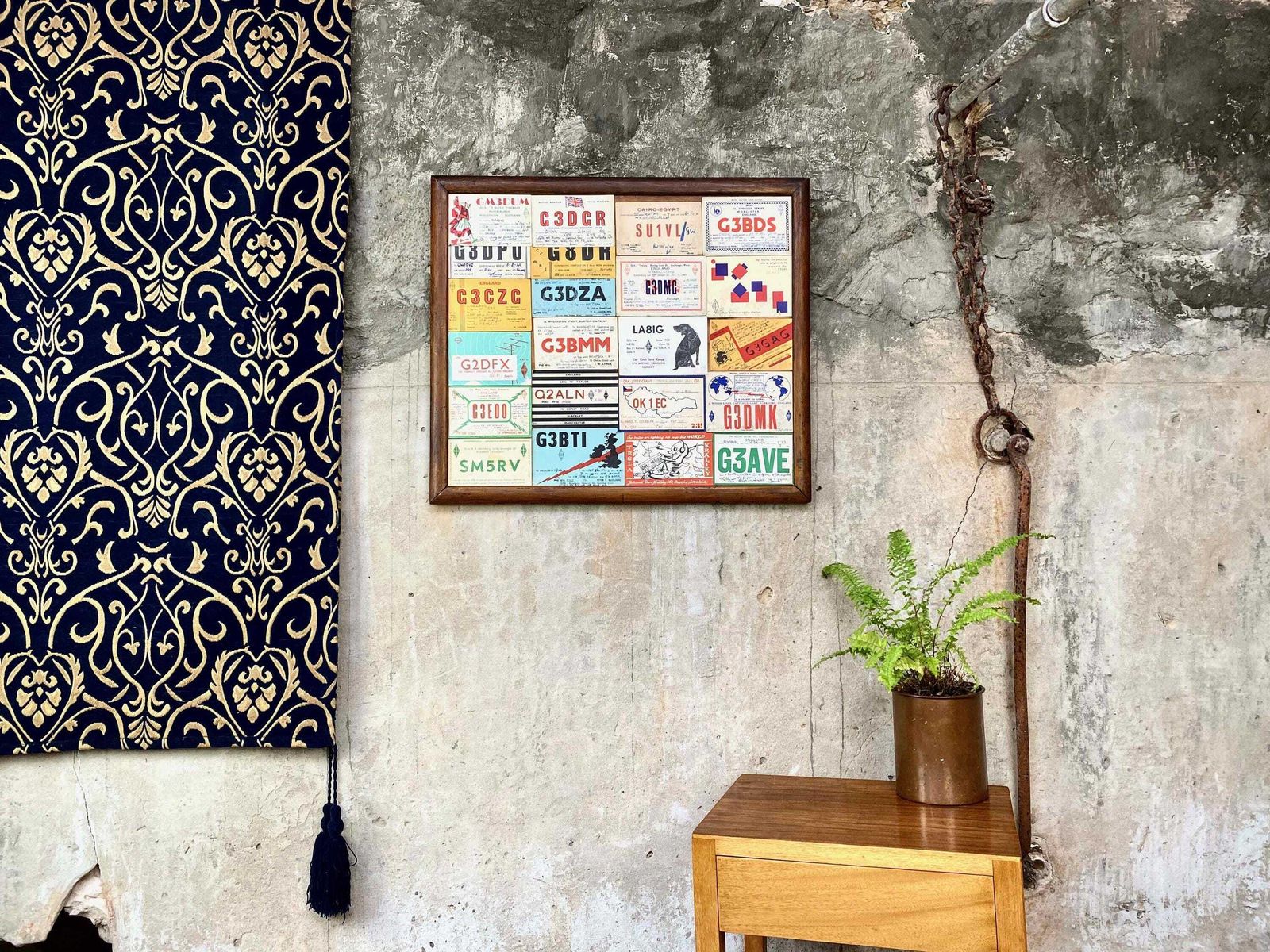 Vintage Mid Century Ham Radio Cards Qsl In Wooden Frame