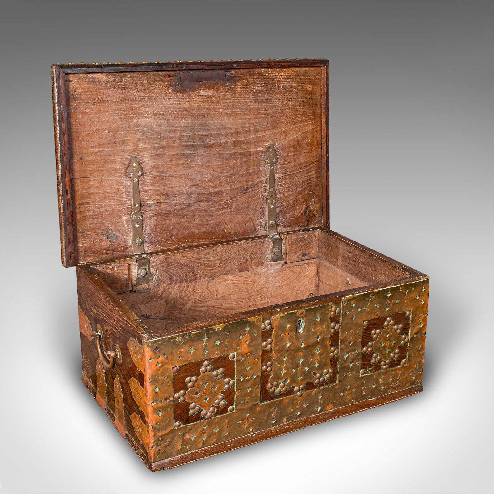 Small Antique Zanzibar Chest, East African Teak, Brass, Travel Trunk, Victorian photo furniture