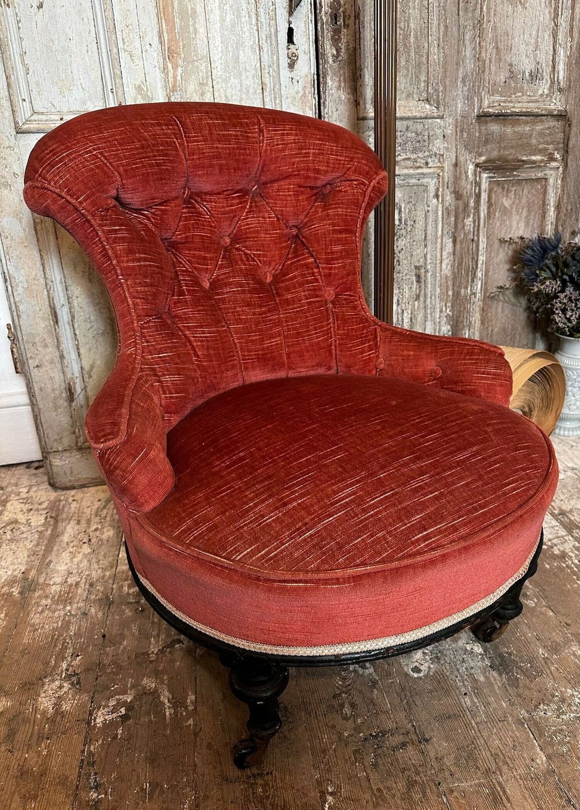 photo for sale Antique Petite English Victorian Nursing Chair W/ Button Back Upholstery