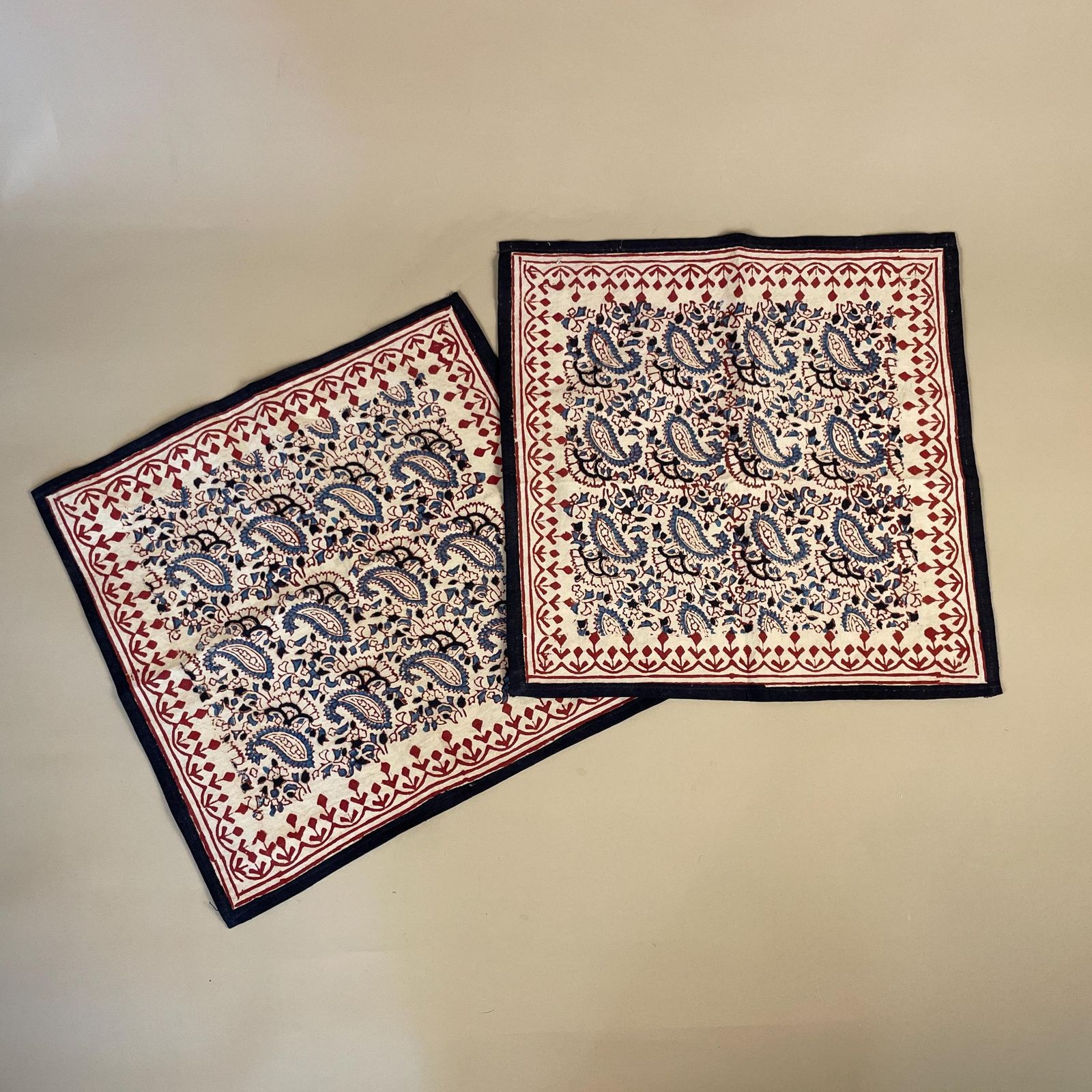 2x Vintage Indian Printed Cloth Fabric Red Blue Paisley Old Tapestry Handmade Craft India Traditional Decorative Table Display Mat Square