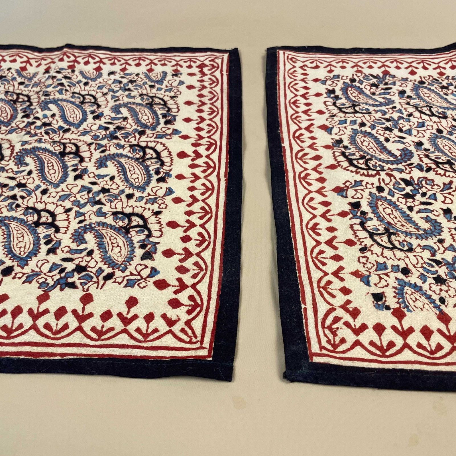 2x Vintage Indian Printed Cloth Fabric Red Blue Paisley Old Tapestry Handmade Craft India Traditional Decorative Table Display Mat Square photo vintage