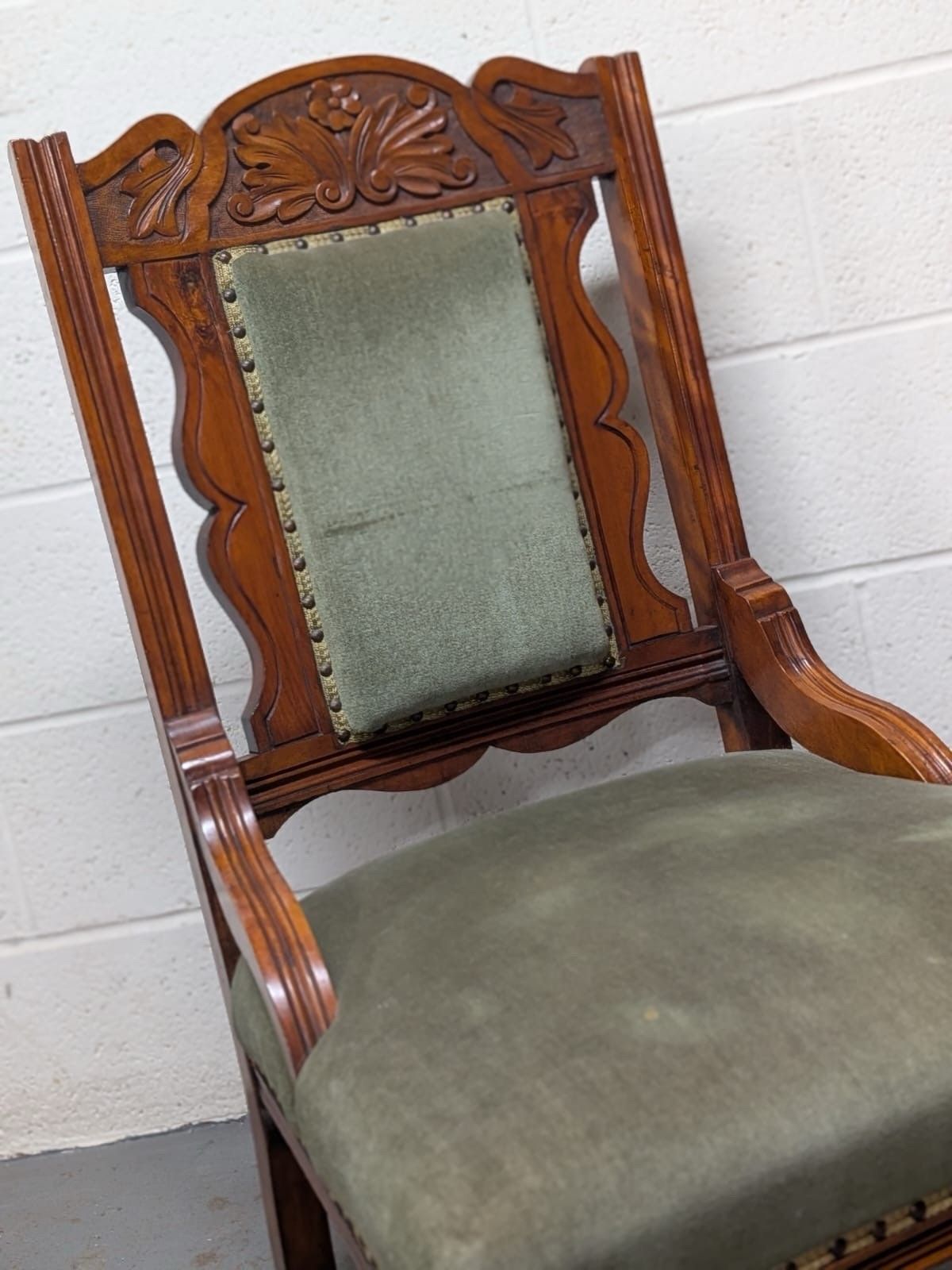 Edwardian Satin Walnut Green Upholstered Large Fireside/Nursing Chair photo buy