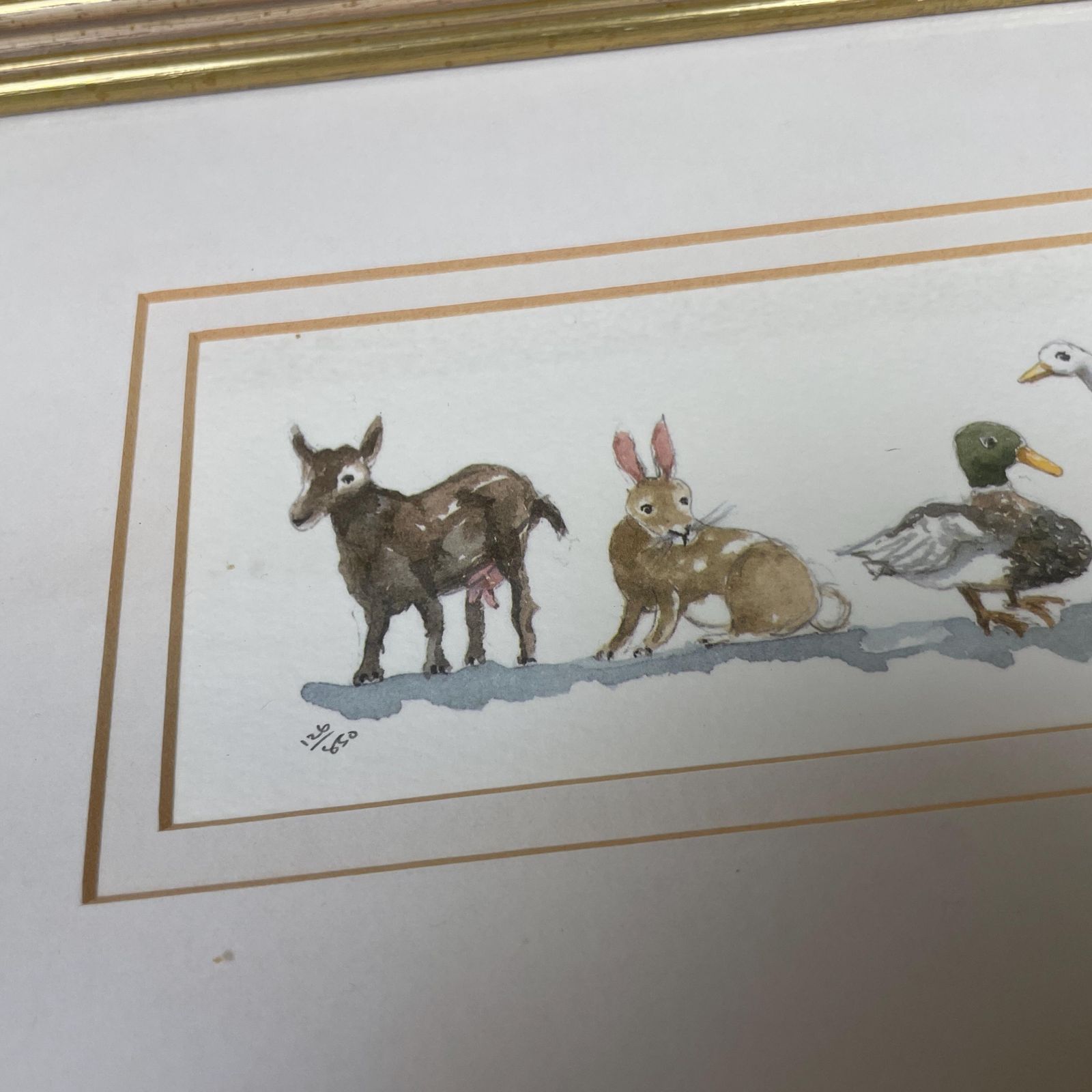 Animal Farm Artwork Watercolour Painting Original Art Gold Wood Frame Landscape Mounted Childrens Room Farm Picture Farm Animals photo vinterior