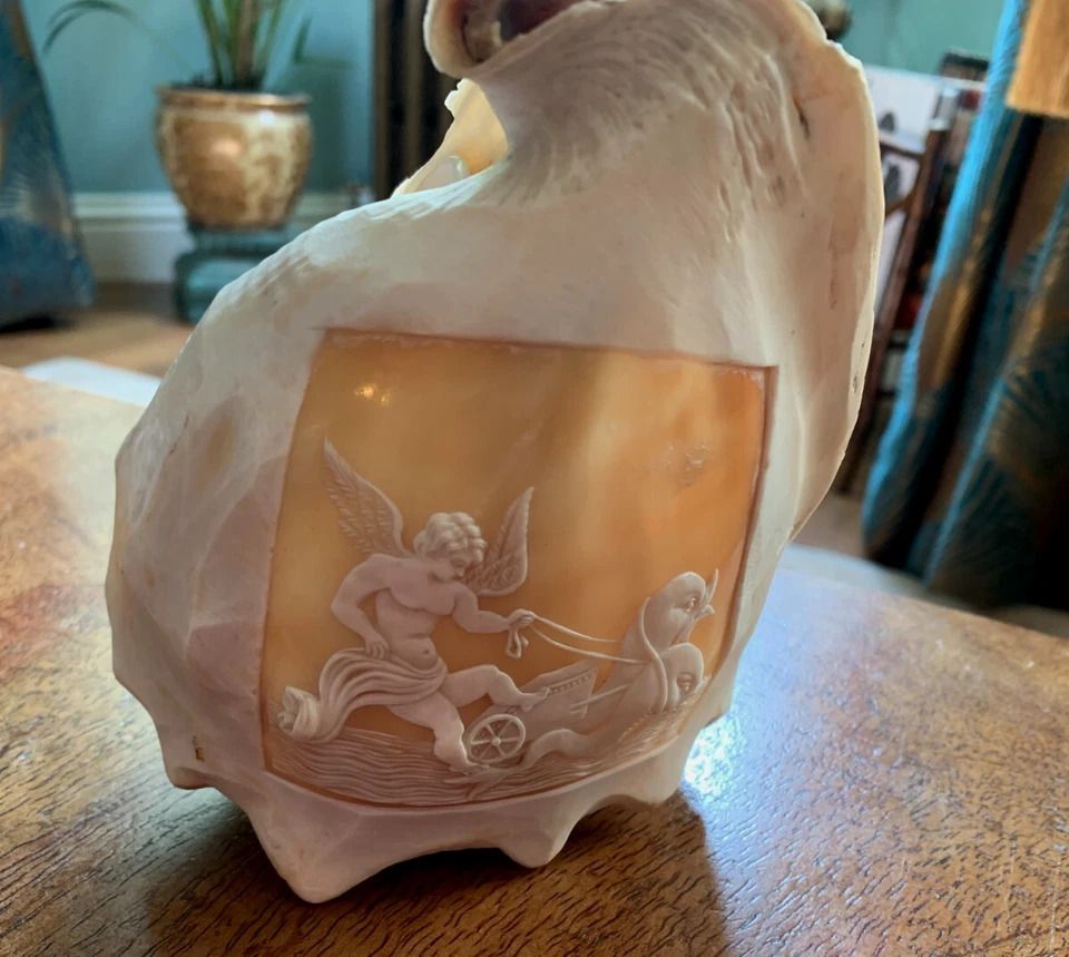 Antique C1870 Italian Sardonyx Shell Cameo Of Winged Cupid Chariot Drawn By 2 X Dolphins photo Art