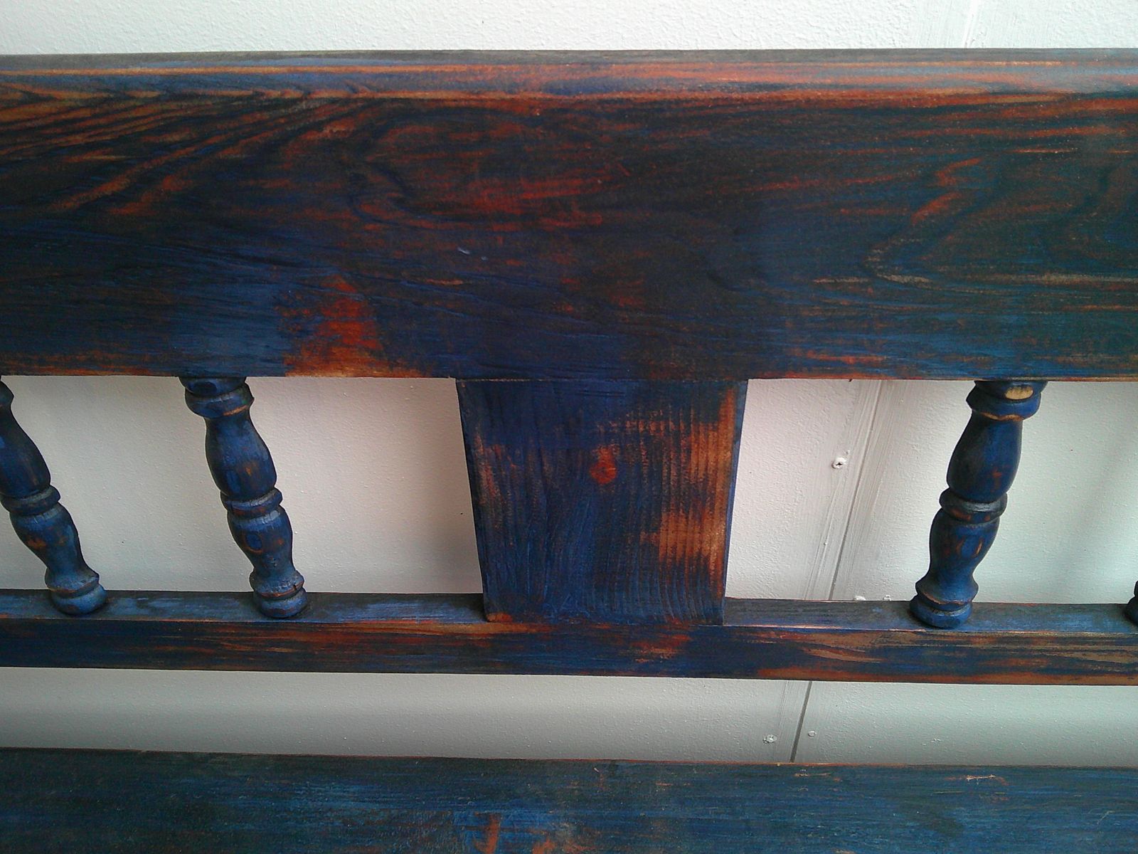 photo furniture A Cracking Painted Royal Blue & Red Antique Pine 3 Seater Box Settle