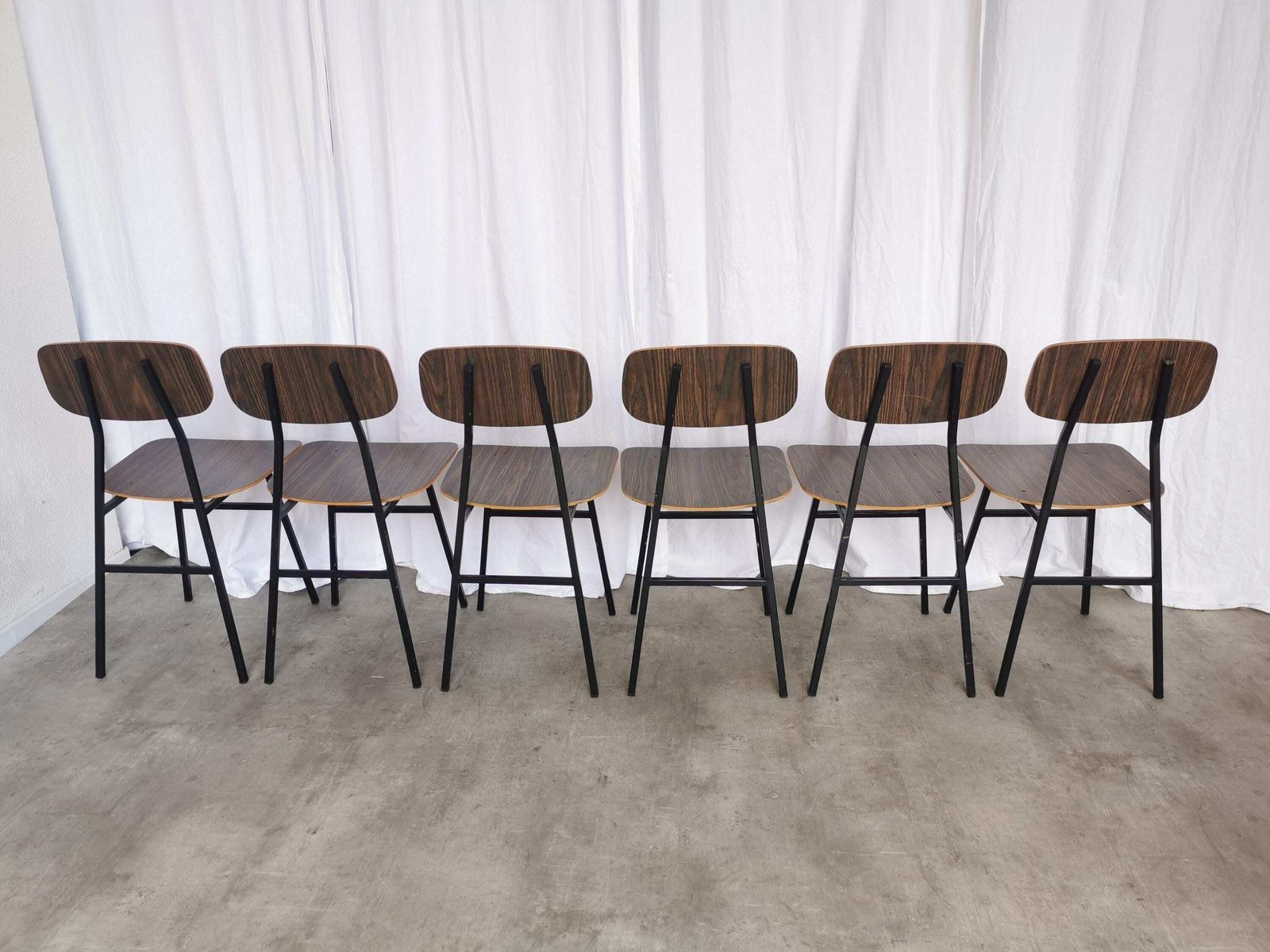 Set Of 6 Vintage School Chairs / Retro Dining Chairs By Stol Kamnik / 1970s Yugoslavia / Industrial Dark Brown Wood And Metal Base photo furniture