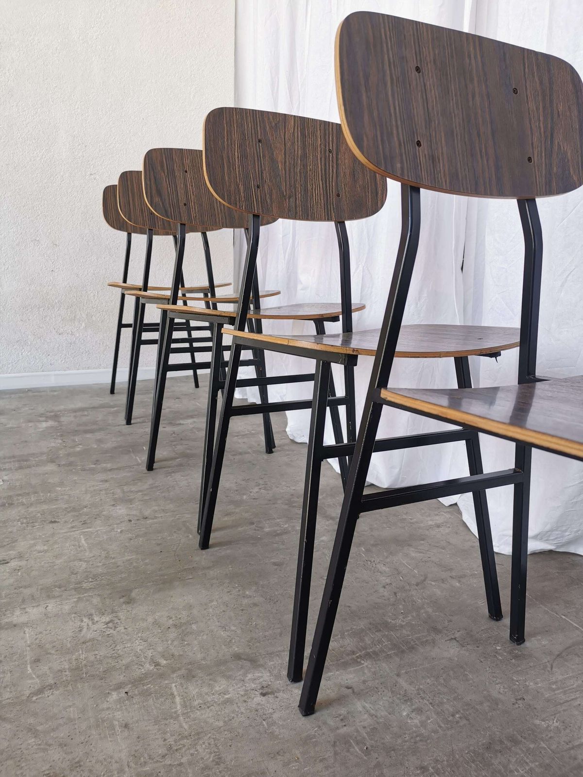 Set Of 6 Vintage School Chairs / Retro Dining Chairs By Stol Kamnik / 1970s Yugoslavia / Industrial Dark Brown Wood And Metal Base photo for sale