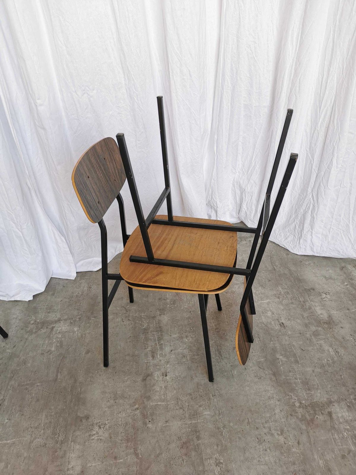 Set Of 6 Vintage School Chairs / Retro Dining Chairs By Stol Kamnik / 1970s Yugoslavia / Industrial Dark Brown Wood And Metal Base photo buy