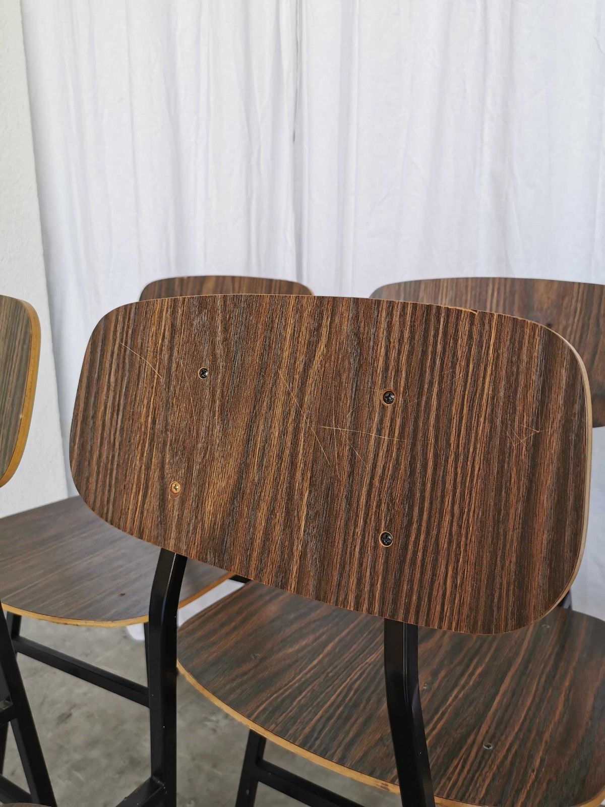 photo for sale Set Of 6 Vintage School Chairs / Retro Dining Chairs By Stol Kamnik / 1970s Yugoslavia / Industrial Dark Brown Wood And Metal Base