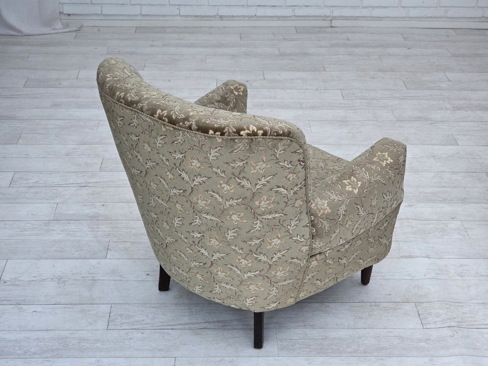 photo furniture 1960s, Danish Armchair, Light Green Furniture Velour, Teak Wood Legs.