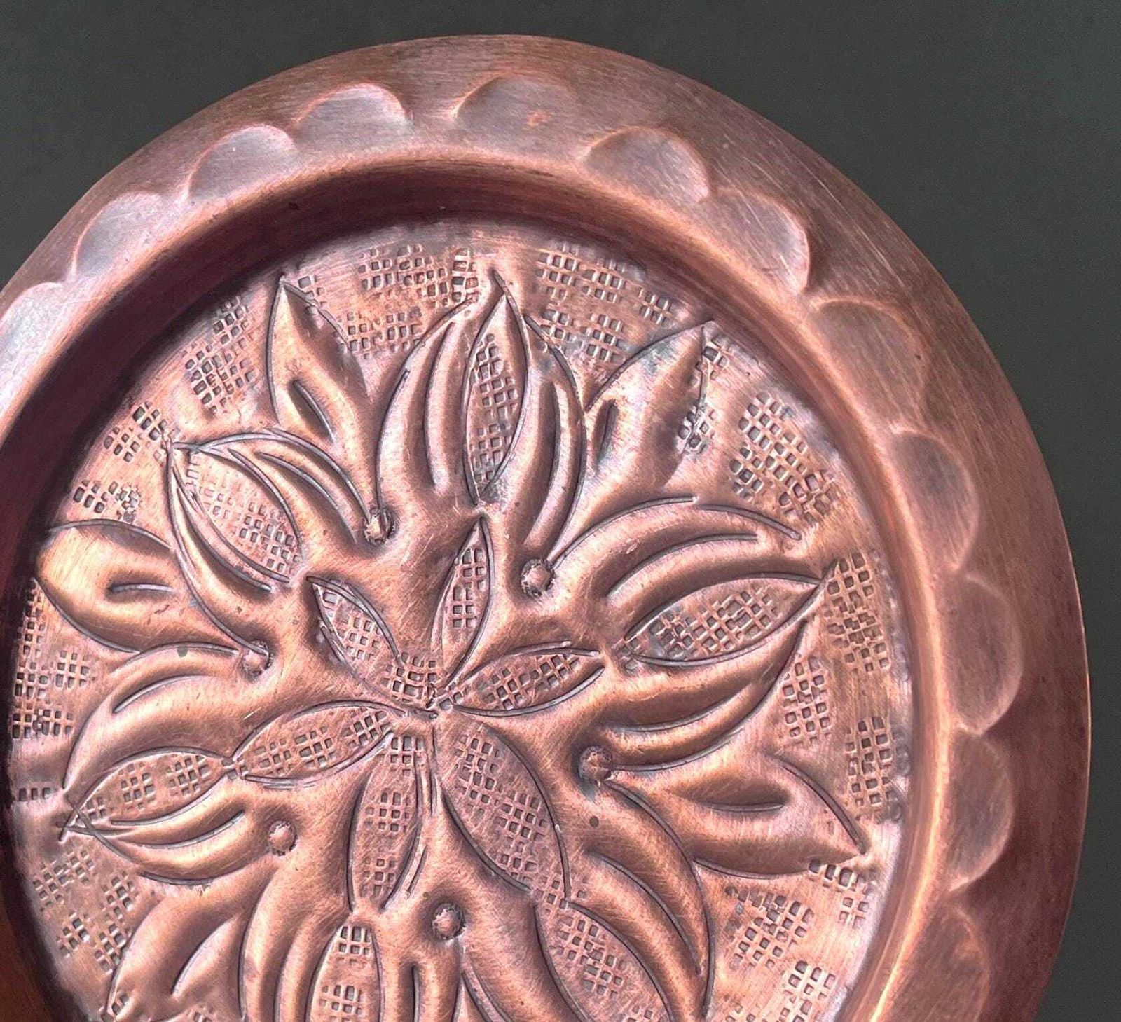 Arts And Craft Decorative Copper Charger.Antique Chased Copper Tray.Boho Home Decor.Farmhouse Decor.Copperware.Decorative Copperware. photo 75.0