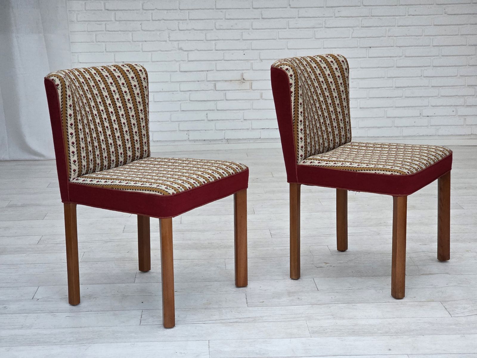photo buy 1960s, Set Of 2 Danish Easy Chairs, Traditional Danish Woven Wool Fabric, Ash Wood Legs.