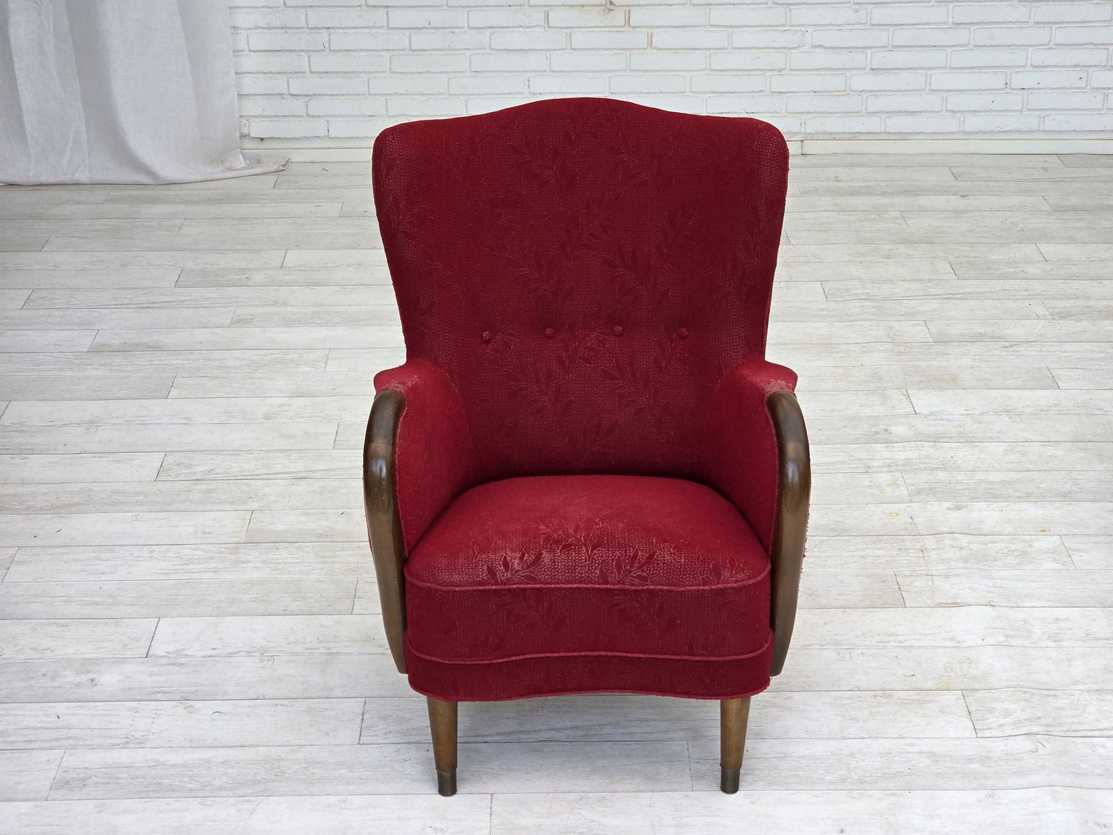 1960s, Danish Armchair, Original Condition, Wool Fabric, Beech Wood Legs. photo vinterior