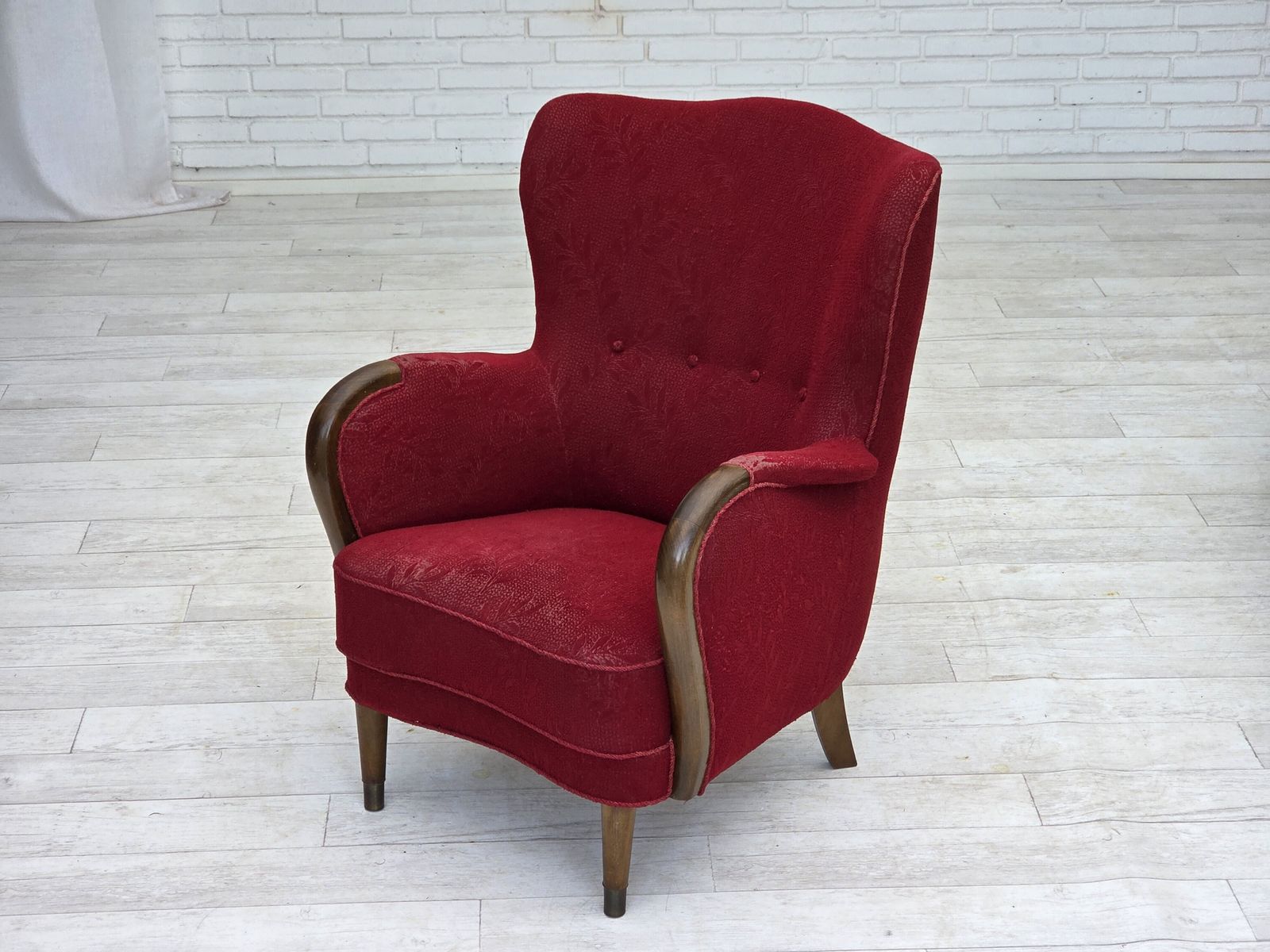 photo furniture 1960s, Danish Armchair, Original Condition, Wool Fabric, Beech Wood Legs.