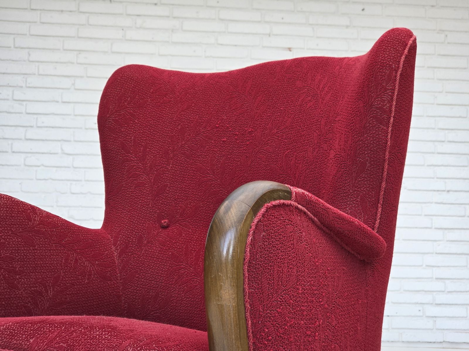 photo buy 1960s, Danish Armchair, Original Condition, Wool Fabric, Beech Wood Legs.