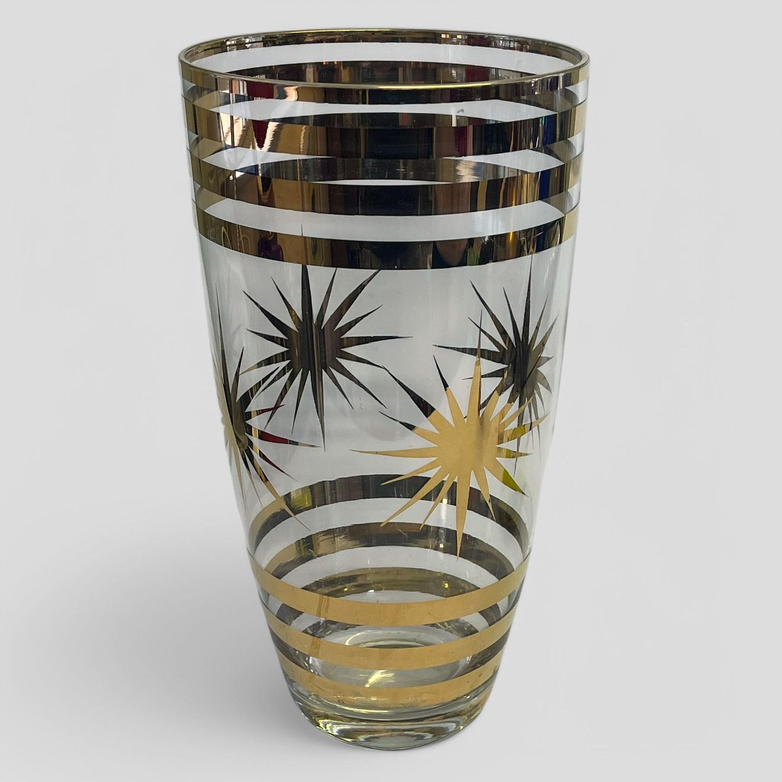 Large Mid Century Gilt Star & Banded Clear Glass Vase photo for sale