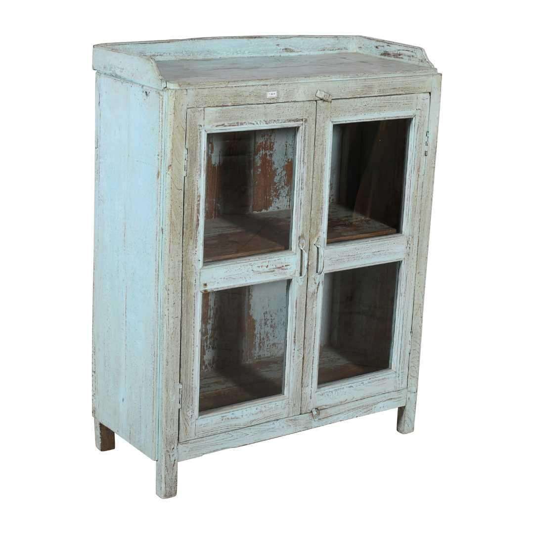 Antique Powder Blue Teak Glass Almirah – Indian Kitchen Or Bathroom Cabinet C.1900
