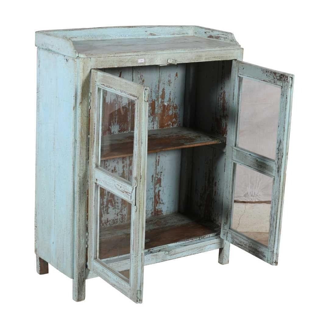 Antique Powder Blue Teak Glass Almirah – Indian Kitchen Or Bathroom Cabinet C.1900 photo furniture