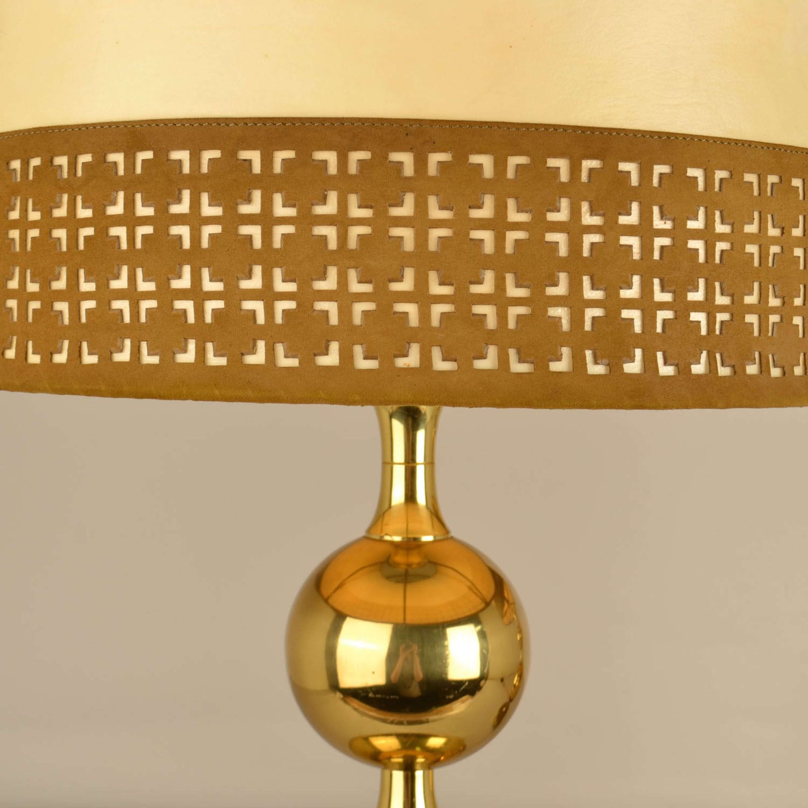 Pair Of Parchment Leather Shades Table Lamps On Brass Bases 1970's photo vinterior