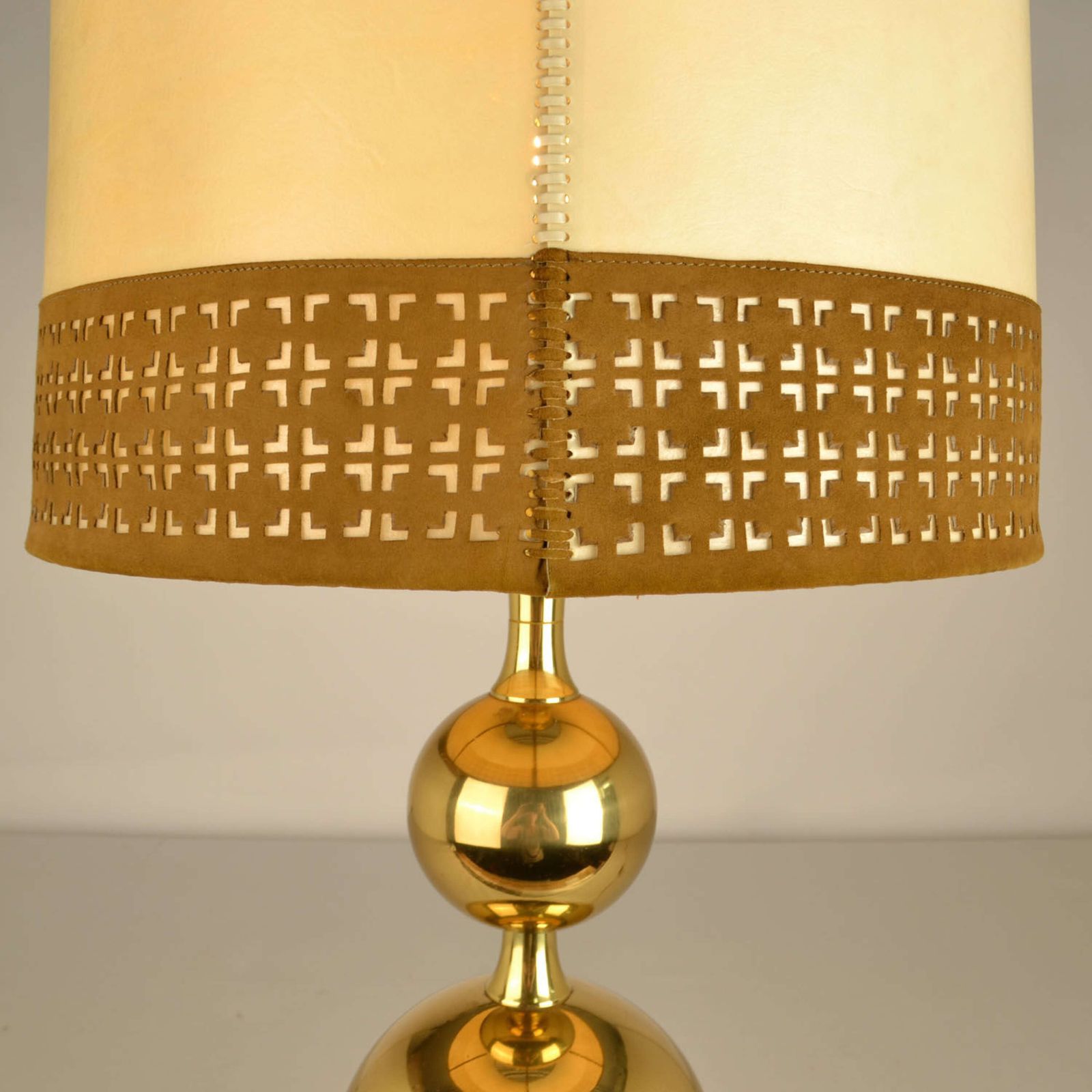 Pair Of Parchment Leather Shades Table Lamps On Brass Bases 1970's photo buy