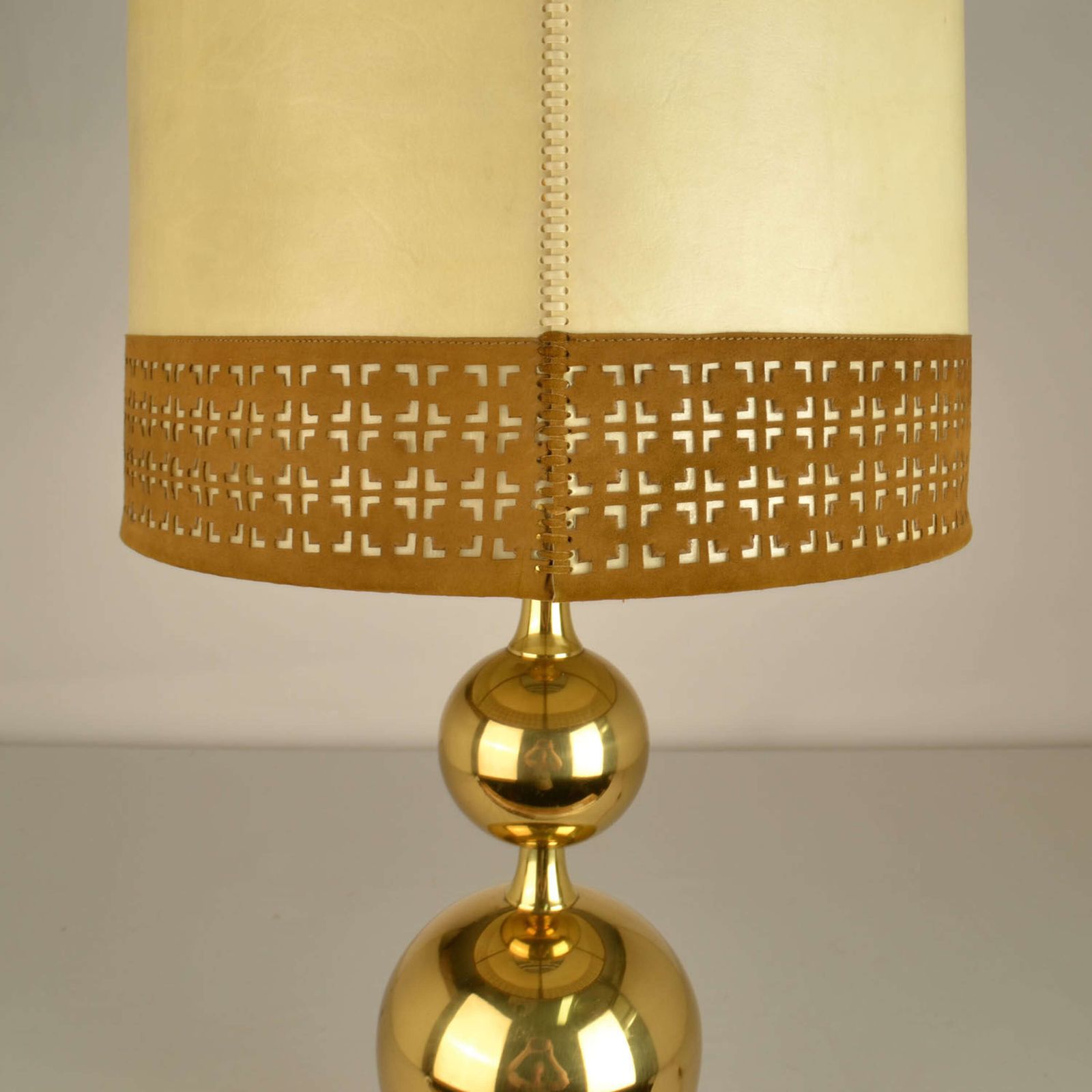 Lighting Pair Of Parchment Leather Shades Table Lamps On Brass Bases 1970's photo
