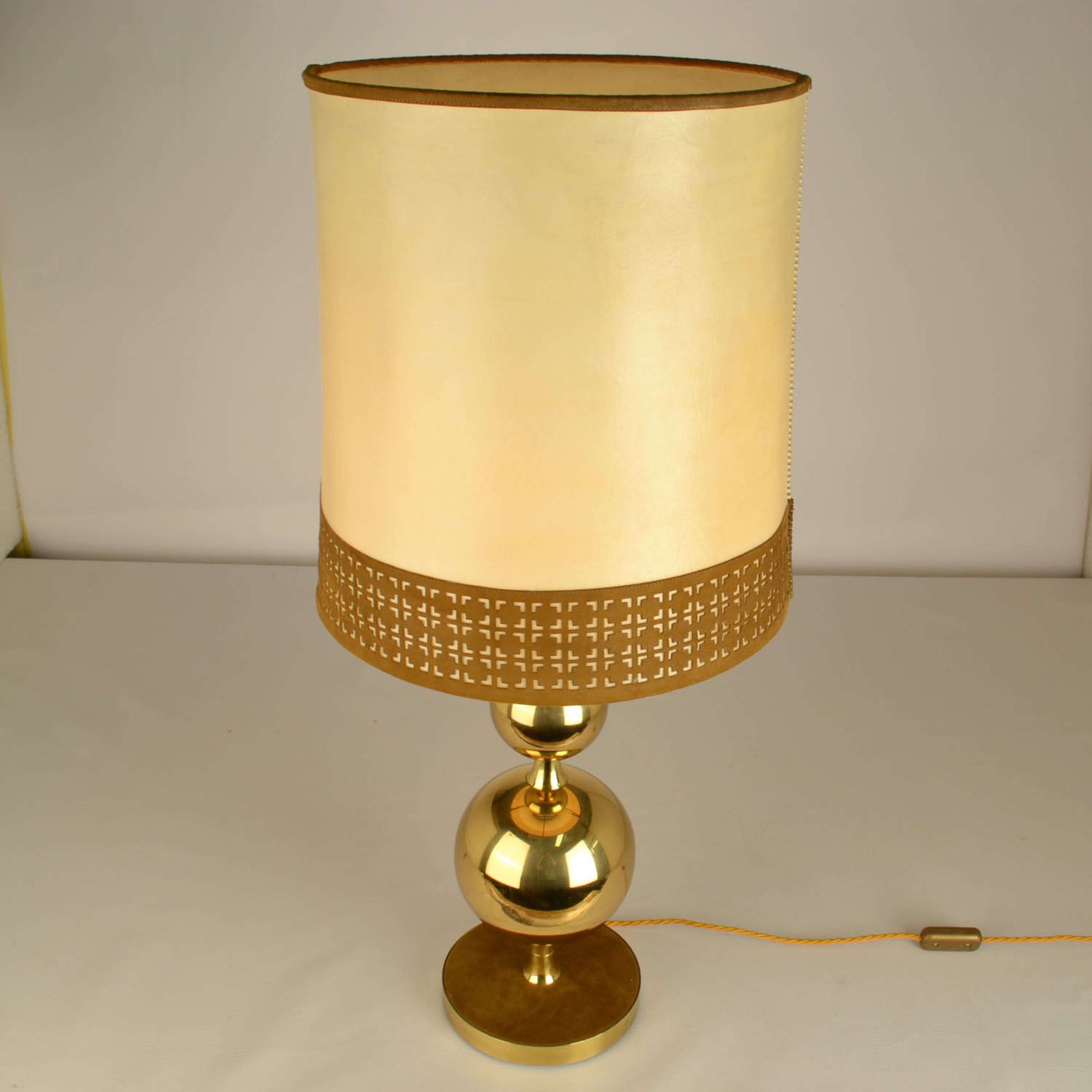 photo vintage Pair Of Parchment Leather Shades Table Lamps On Brass Bases 1970's