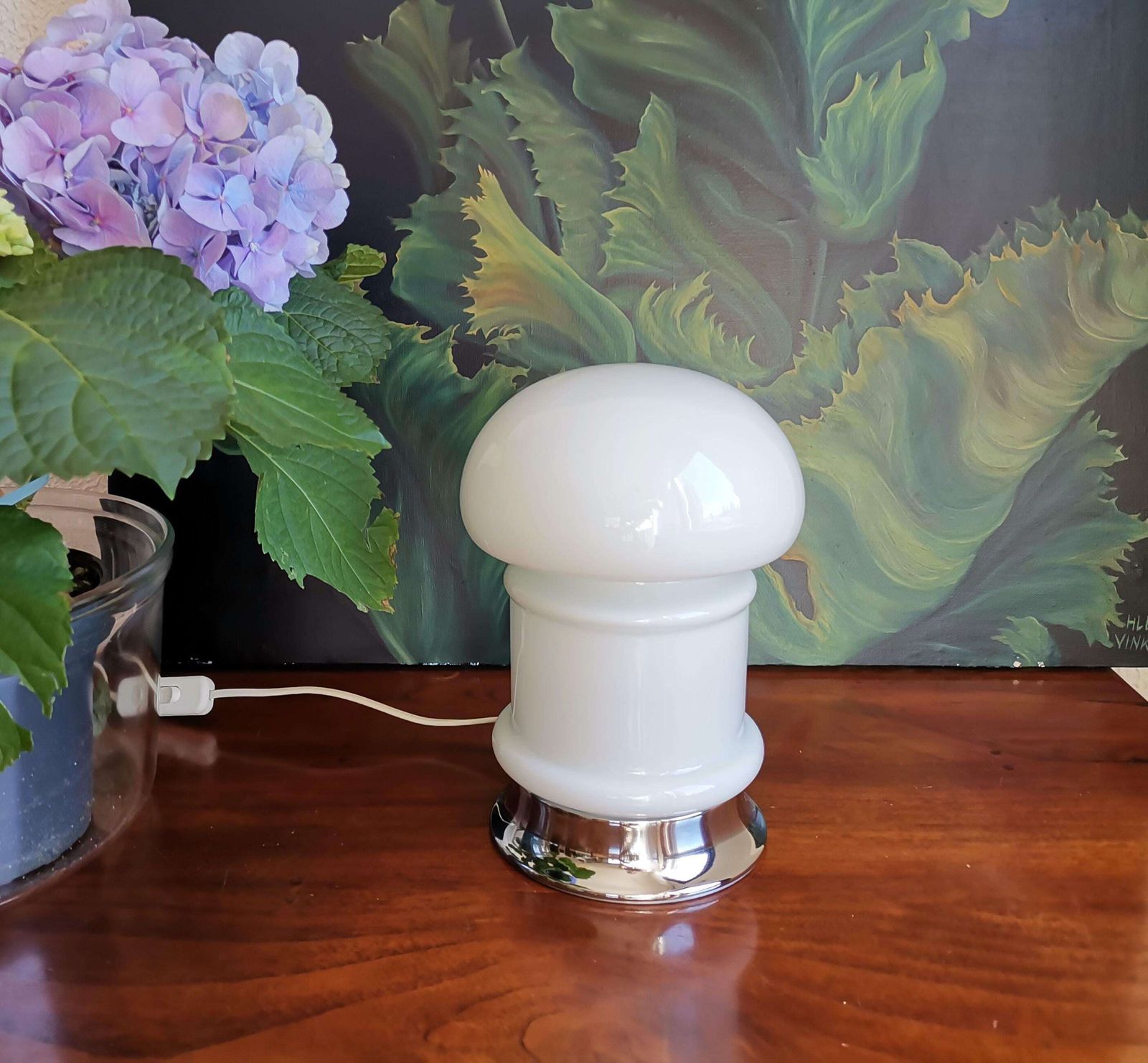 Opaline Glass Space Age Bedside Lamp / Mushroom Table Lamp / 60s 70s Yugoslavia photo furniture