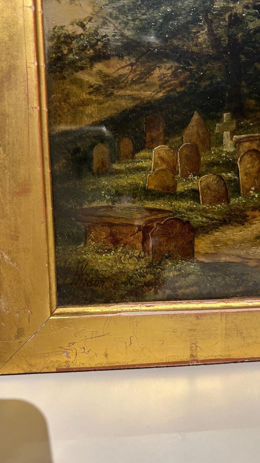 Antique 1800s Oil Painting By M. Wilson – Countryside Church Scene On Canvas photo vintage