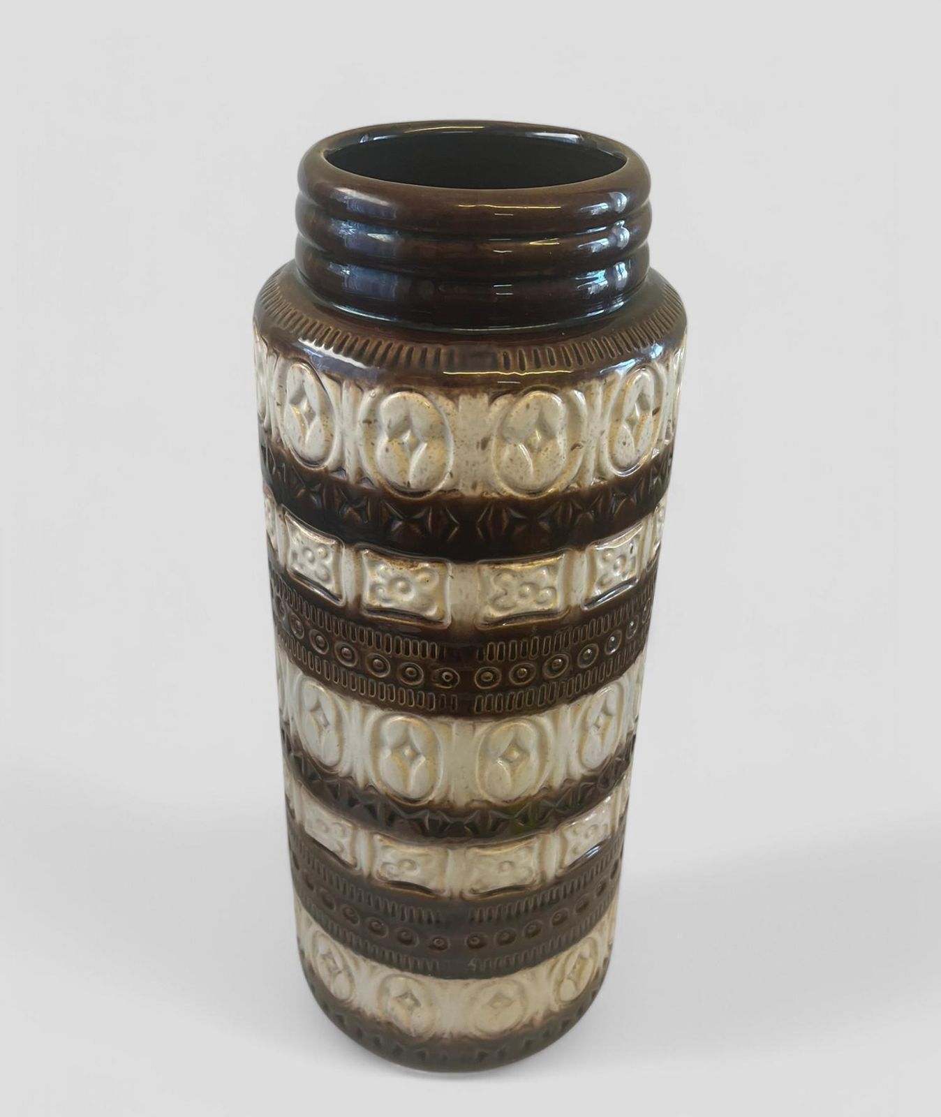 Large Mid Century Scheurich White & Brown Glazed Ceramic West German Pottery Floor Vase photo furniture