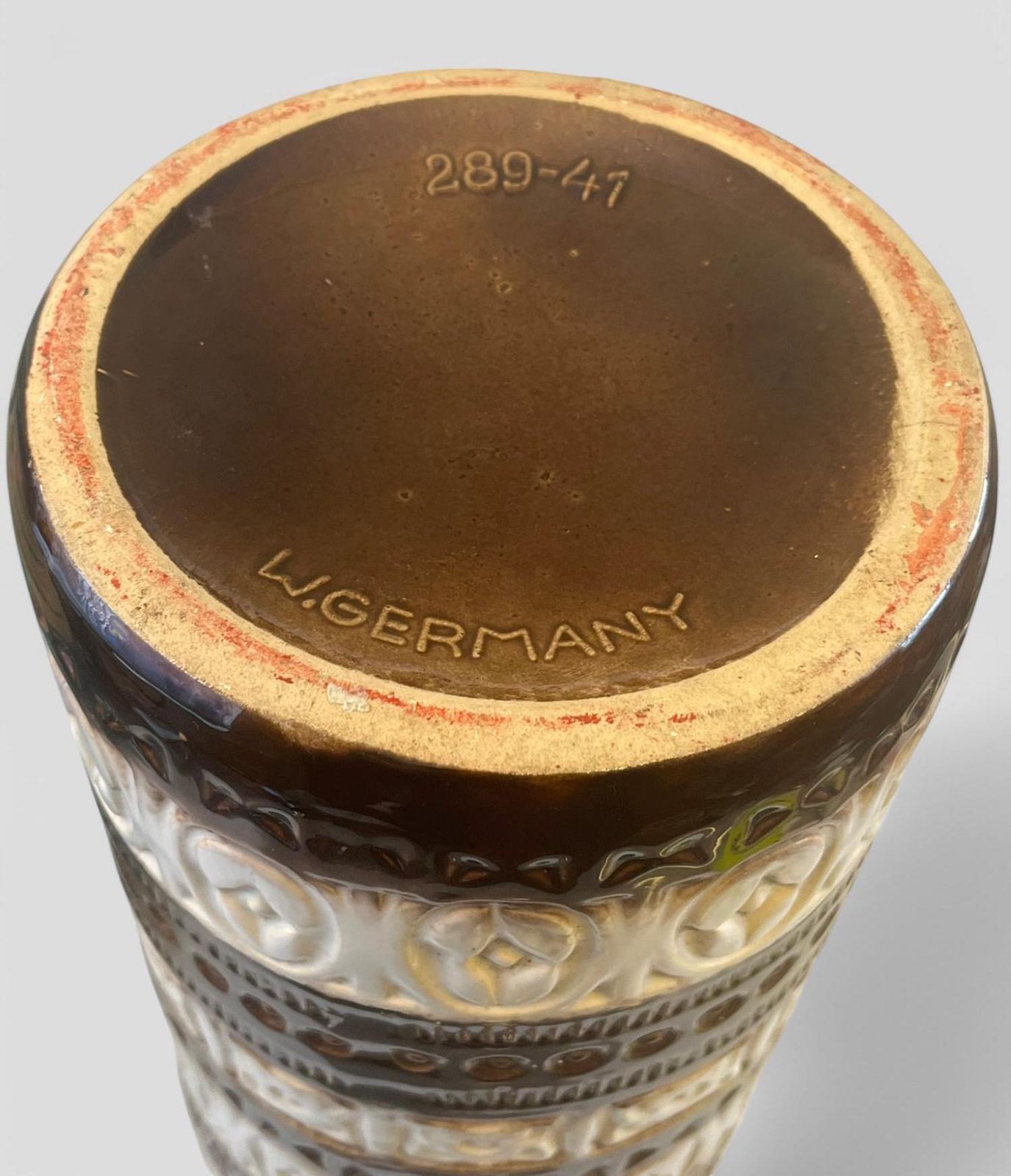 Large Mid Century Scheurich White & Brown Glazed Ceramic West German Pottery Floor Vase photo vinterior