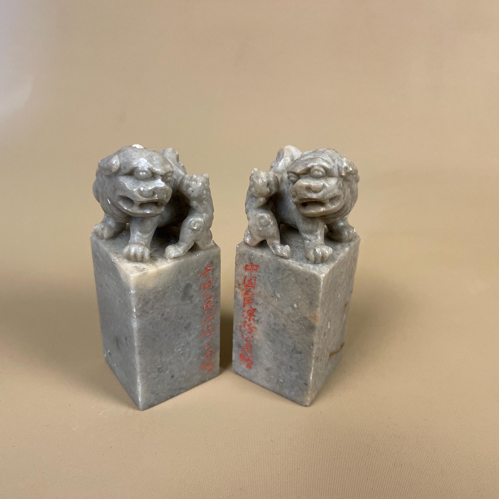 Pair Of Oriental Chinese Dragons Foo Dogs Ornaments Soapstone Mini Statues Grey Green photo Art