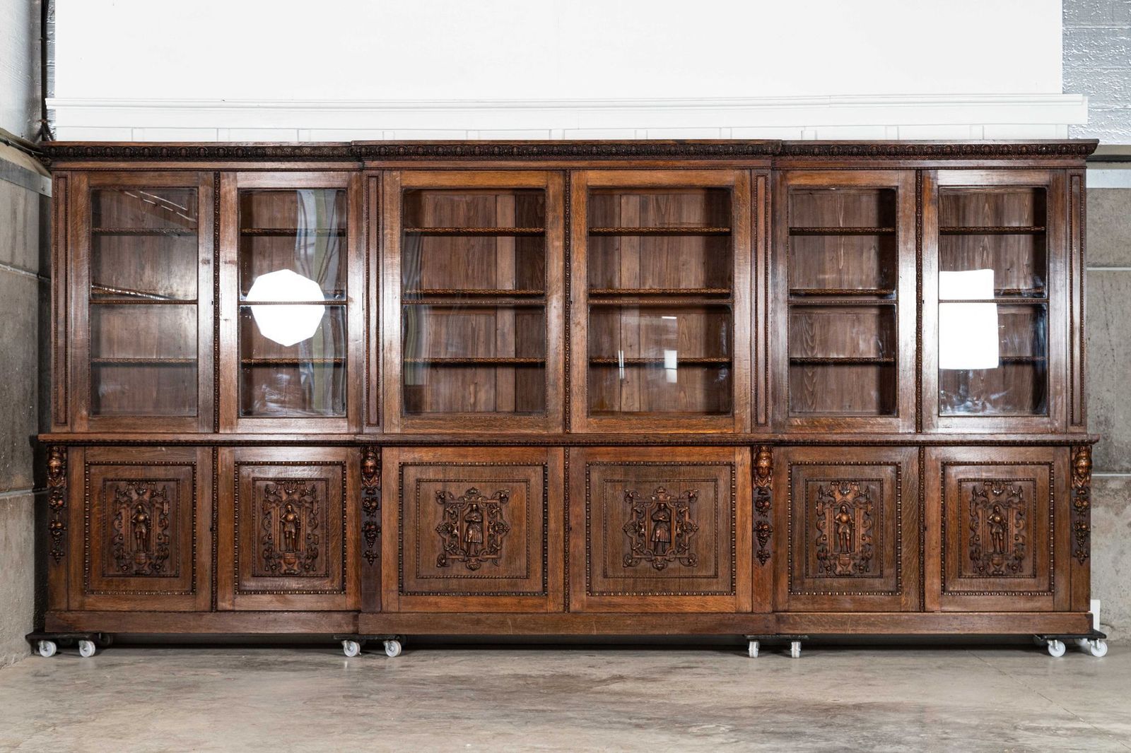 Magnificent Monumental English 19thc Carved Oak Breakfront Glazed Bookcase
