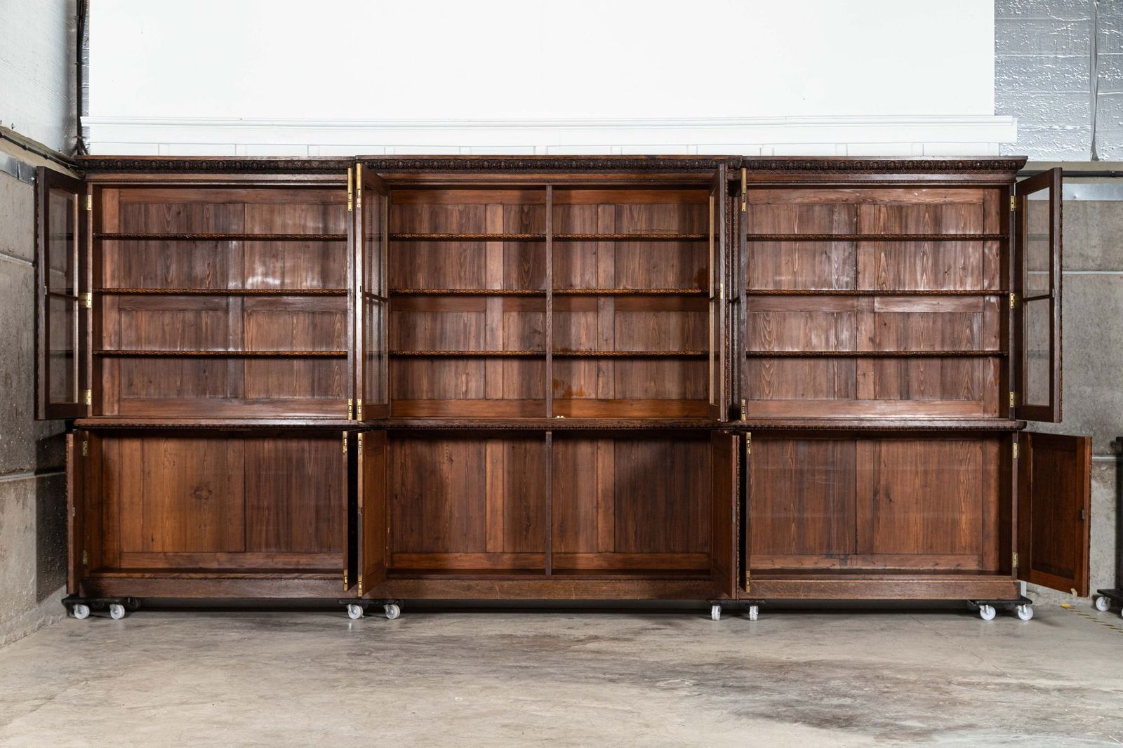 Magnificent Monumental English 19thc Carved Oak Breakfront Glazed Bookcase photo Furniture