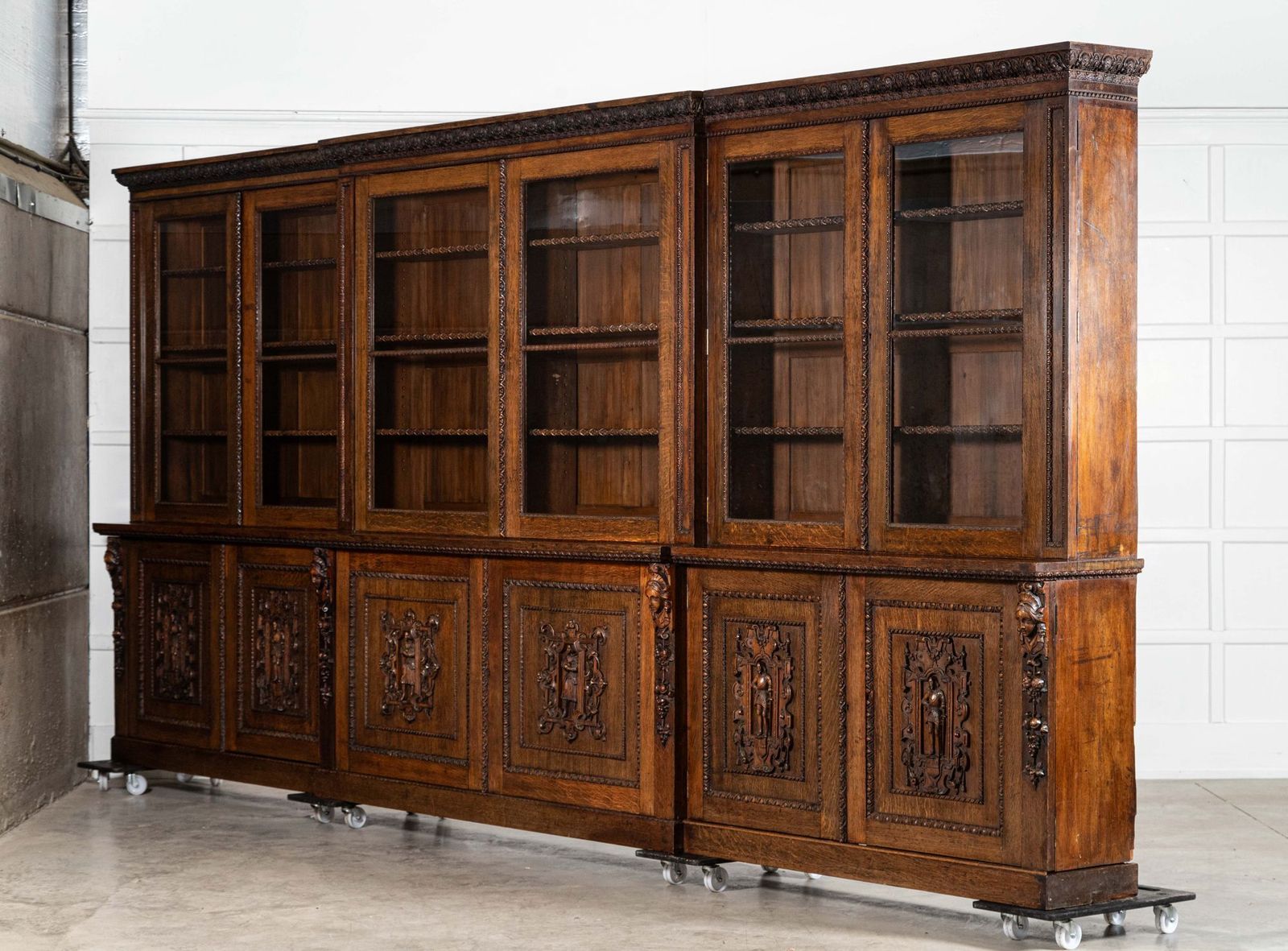 Magnificent Monumental English 19thc Carved Oak Breakfront Glazed Bookcase photo 33925.0