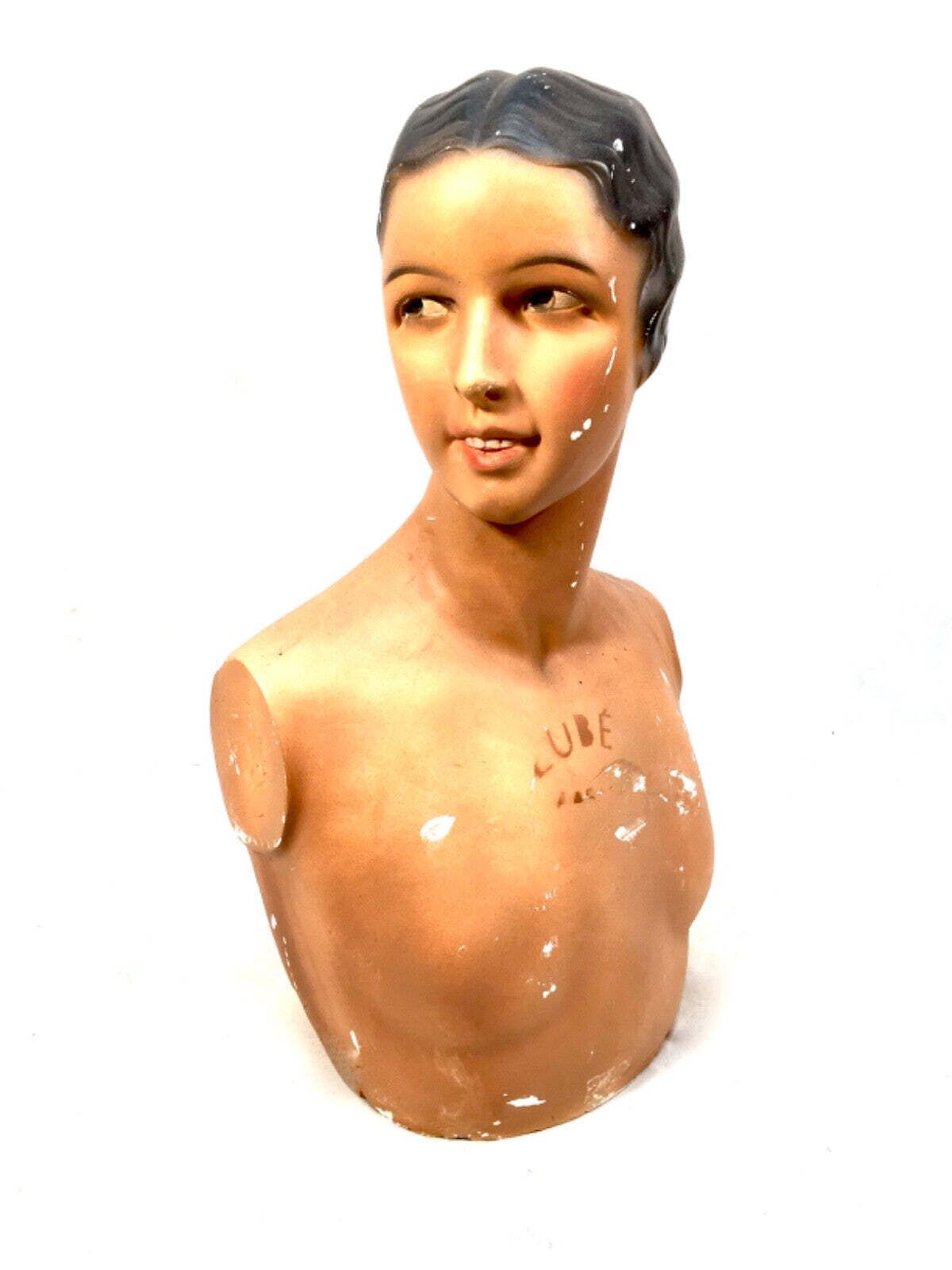 Antique Advertising Art Deco French Shop Display Female Mannequin Bust By Lubé photo vintage