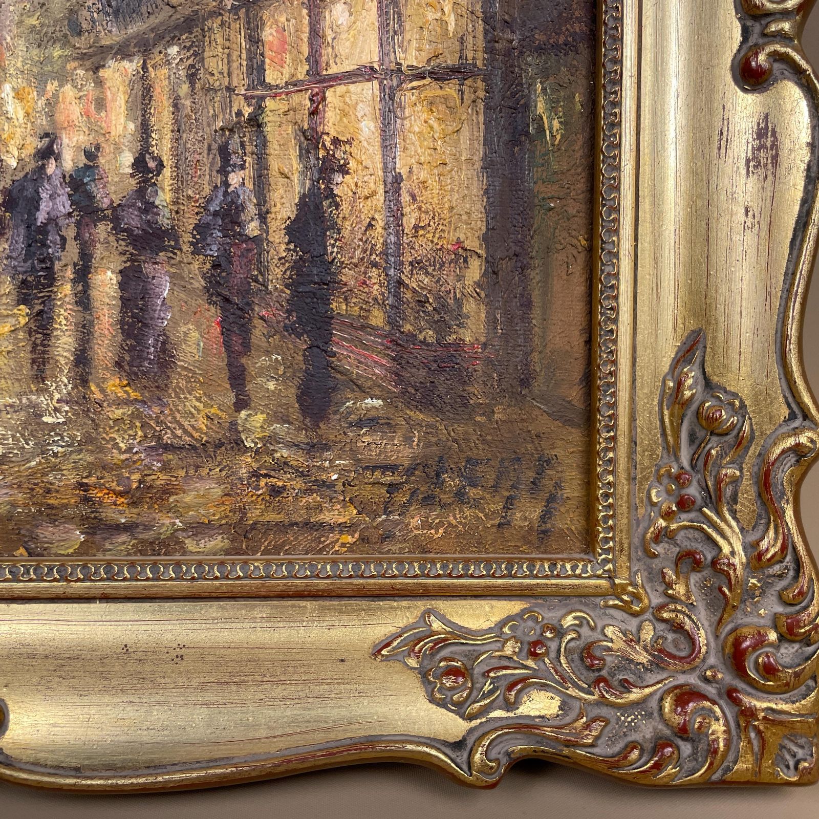 Vintage Oil Painting Urban Landscape Evening Street Lights Gold Wood Frame 1982 Colin Maxwel Parsons Buzzy Evening Street People photo for sale