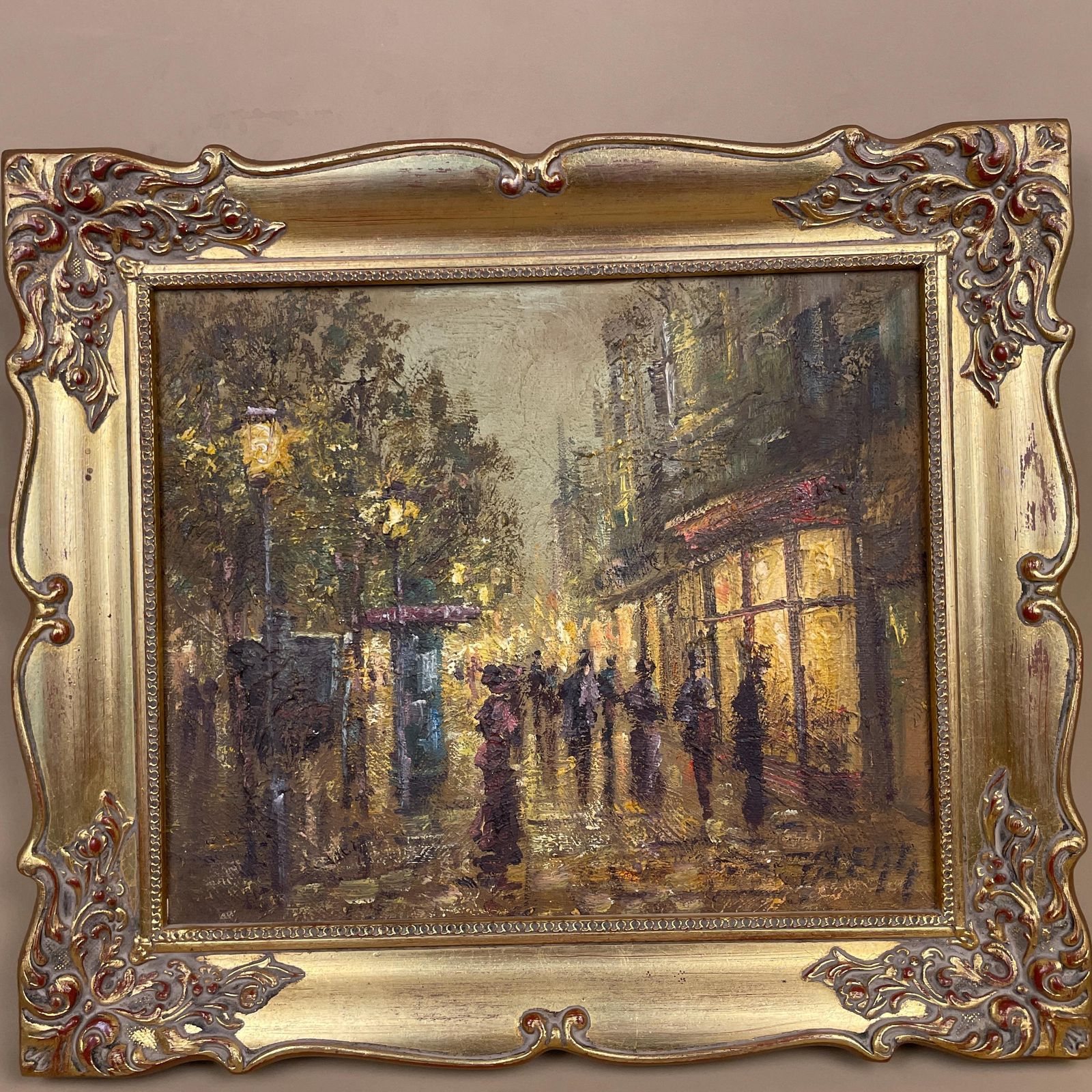 Vintage Oil Painting Urban Landscape Evening Street Lights Gold Wood Frame 1982 Colin Maxwel Parsons Buzzy Evening Street People photo Art