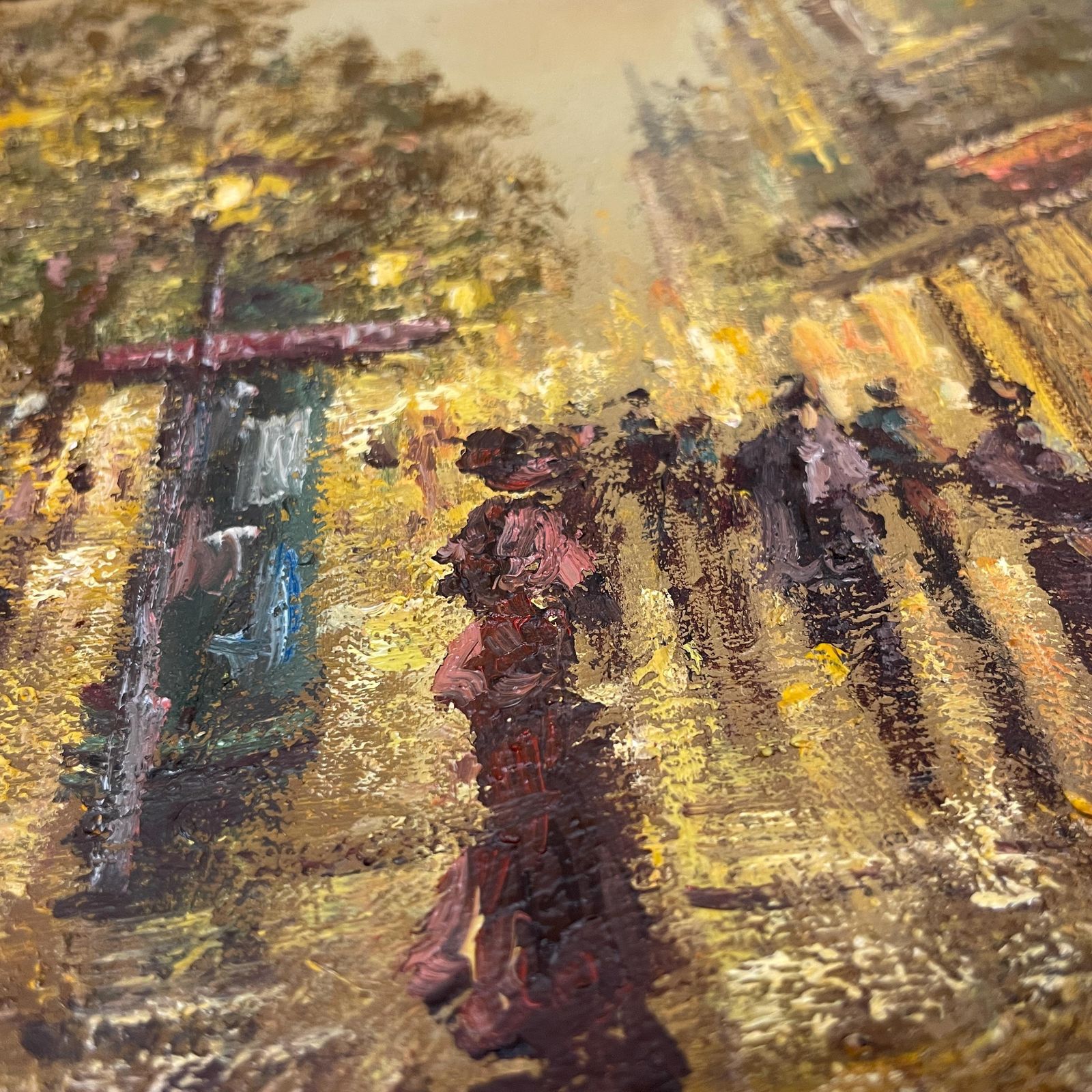 Vintage Oil Painting Urban Landscape Evening Street Lights Gold Wood Frame 1982 Colin Maxwel Parsons Buzzy Evening Street People photo buy