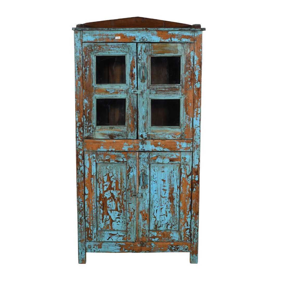 Antique Turquoise Teak Glass Almirah – Indian Kitchen Or Bathroom Cabinet C.1900