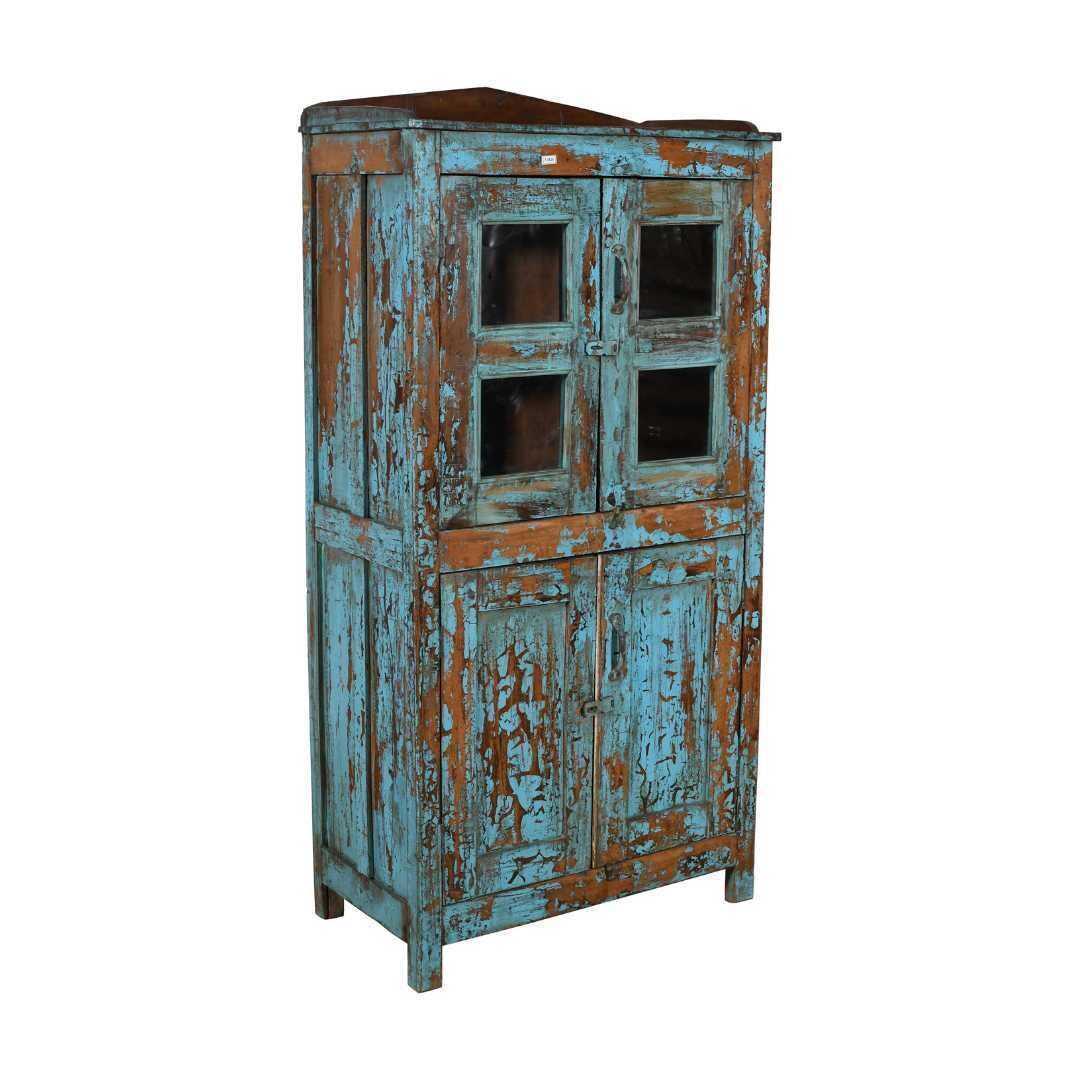 Antique Turquoise Teak Glass Almirah – Indian Kitchen Or Bathroom Cabinet C.1900 photo for sale