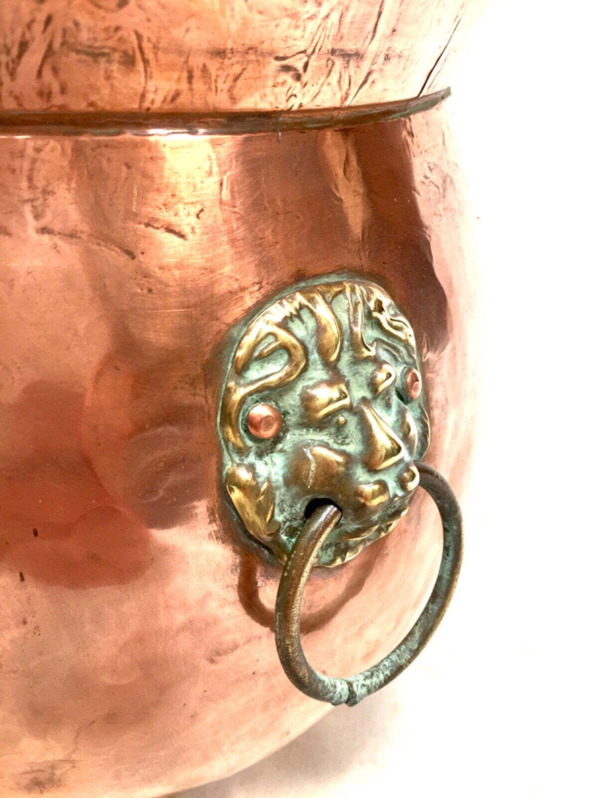 Antique Arts & Crafts Copper Planter / Brass Lion Mask Handles Plant Pot C.1890 photo Home Decor