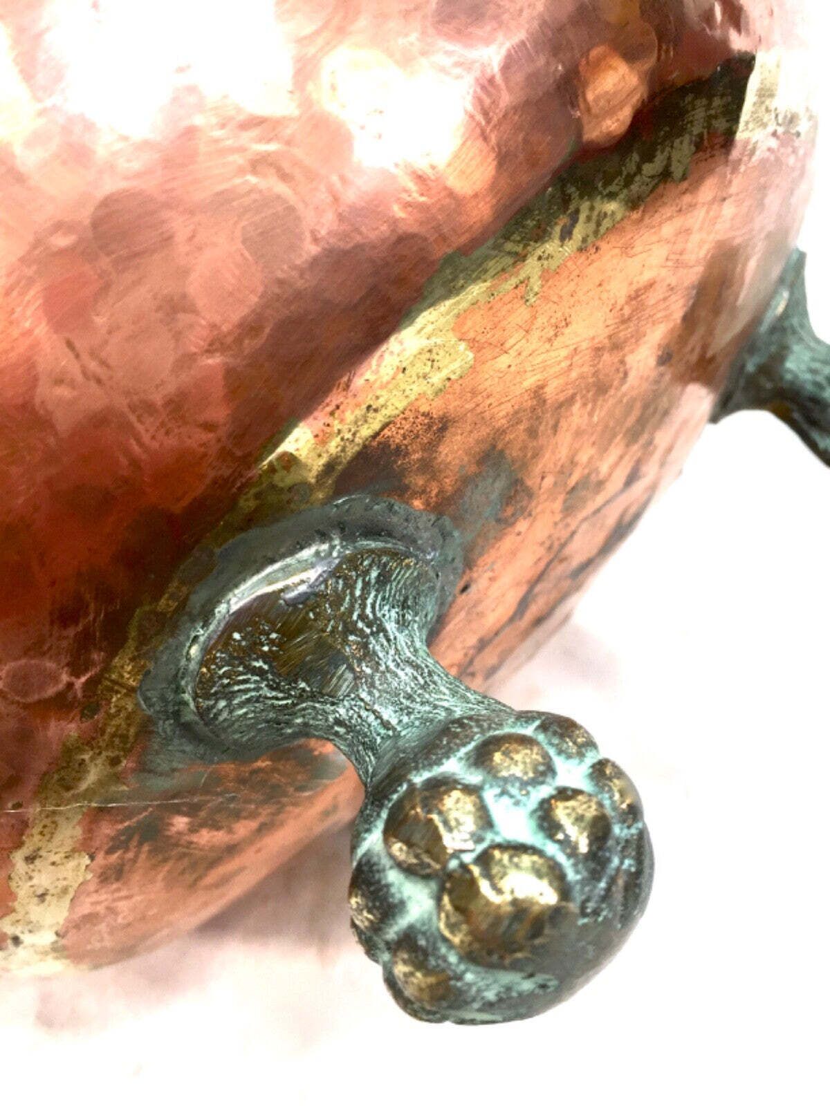 Antique Arts & Crafts Copper Planter / Brass Lion Mask Handles Plant Pot C.1890 photo vintage