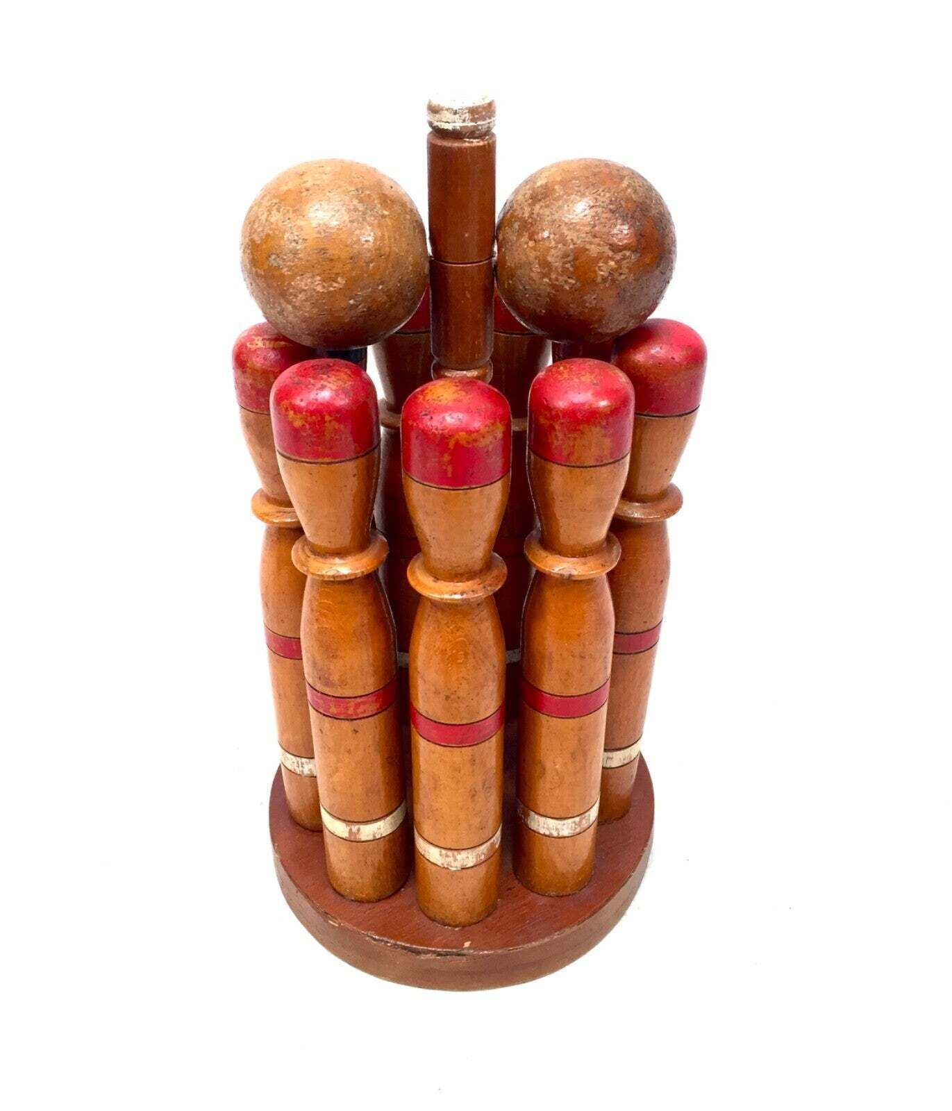 Antique Set Of French Mid 20th Century Wooden Skittles & Ball Game / Bowling