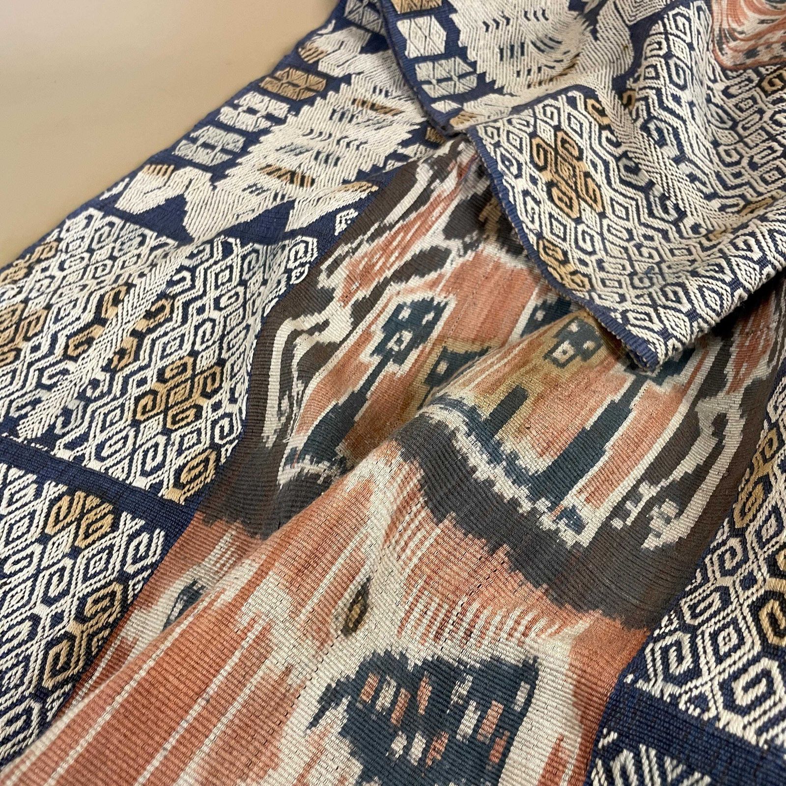 Indonesian Handmade Fabric Table Runner Blue Pink Tassel Ends Long 217x61cm South East Asian photo for sale