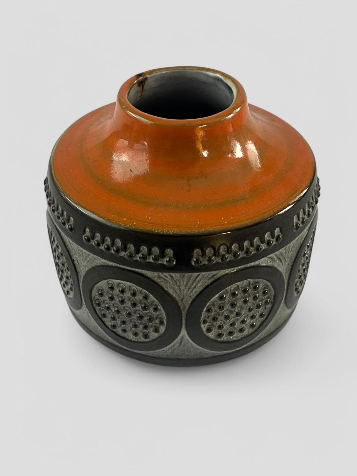 Small Mid Century Glazed Stoneware Vase Orange & Grey 'City' Design By Mari Simmulson For Upsala Ekeby Of Sweden photo furniture