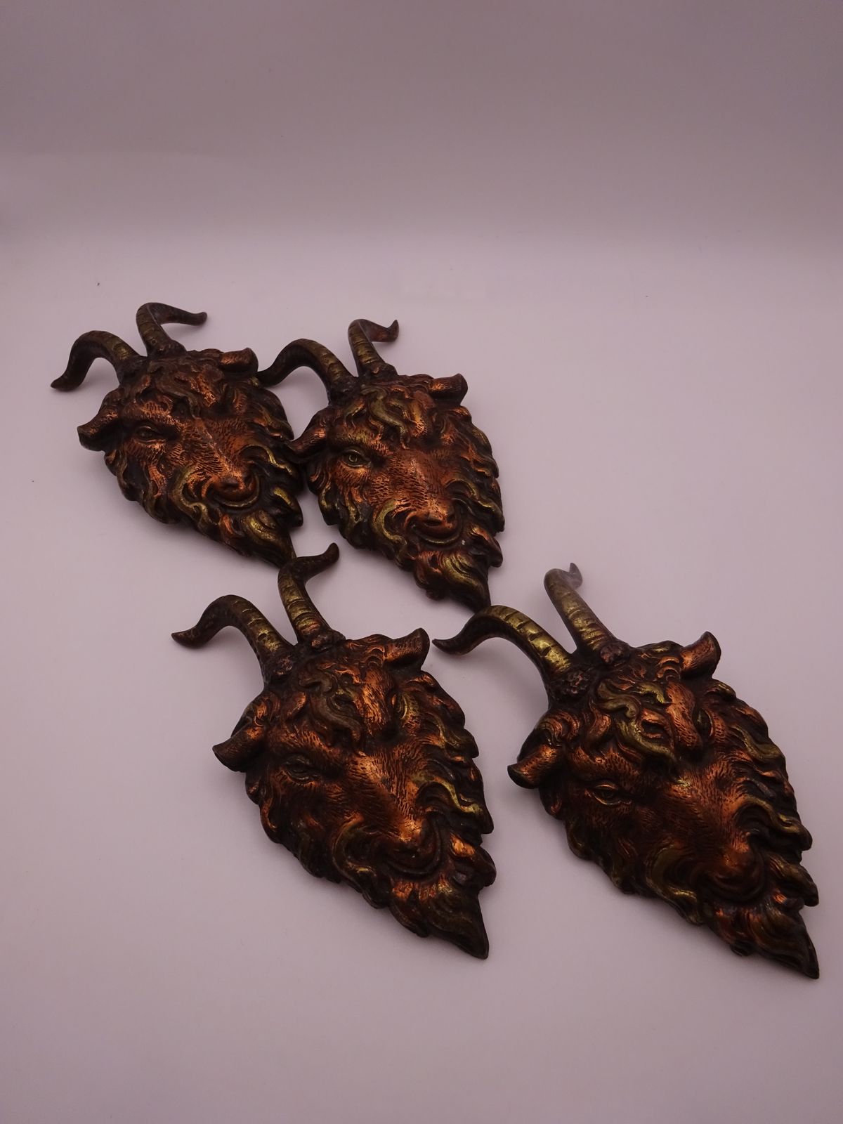 Set Of 4 Brass And Copper Goat Furniture Mounts Victorian Era, Rare Find photo 145.0