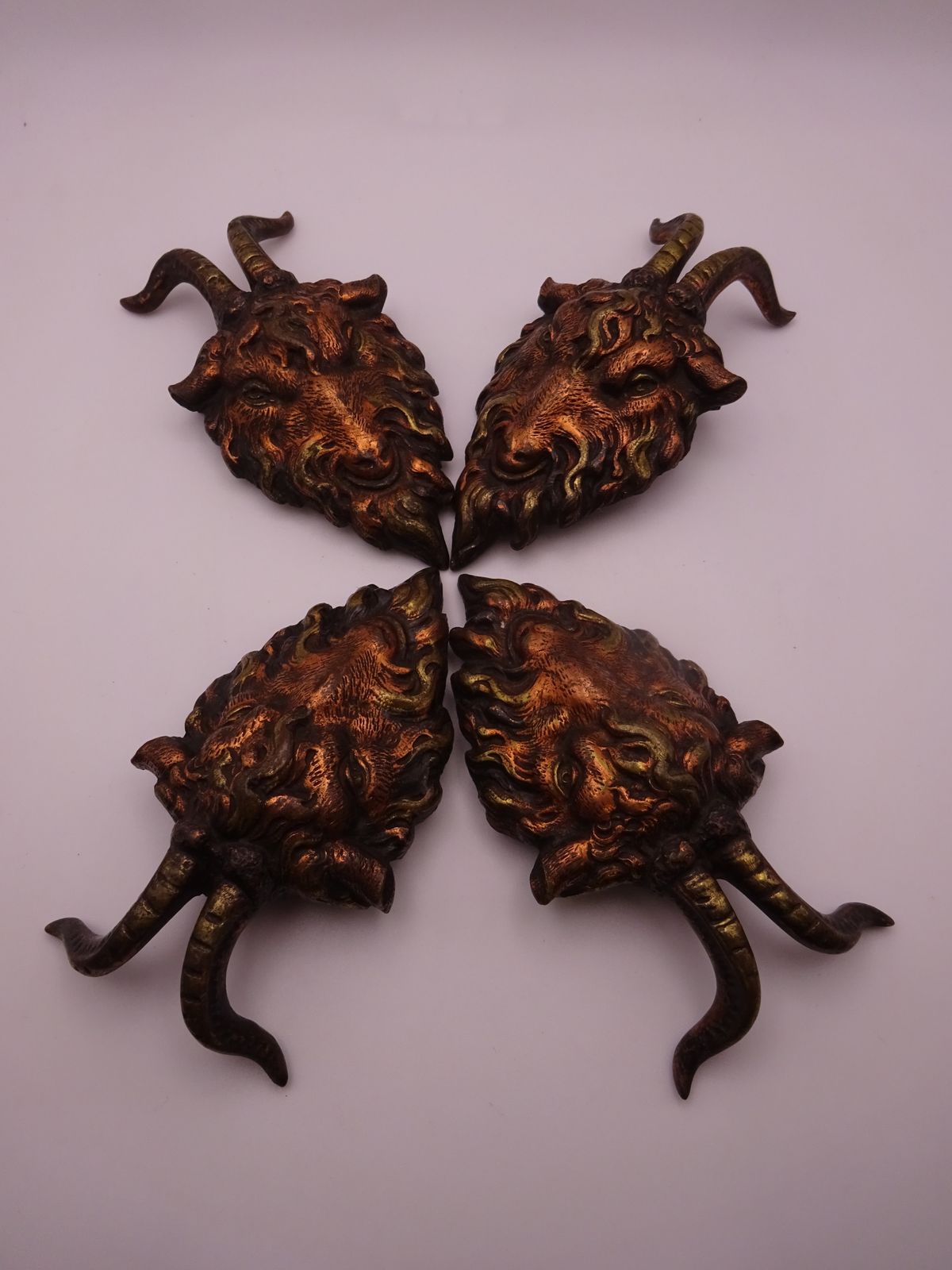 Set Of 4 Brass And Copper Goat Furniture Mounts Victorian Era, Rare Find